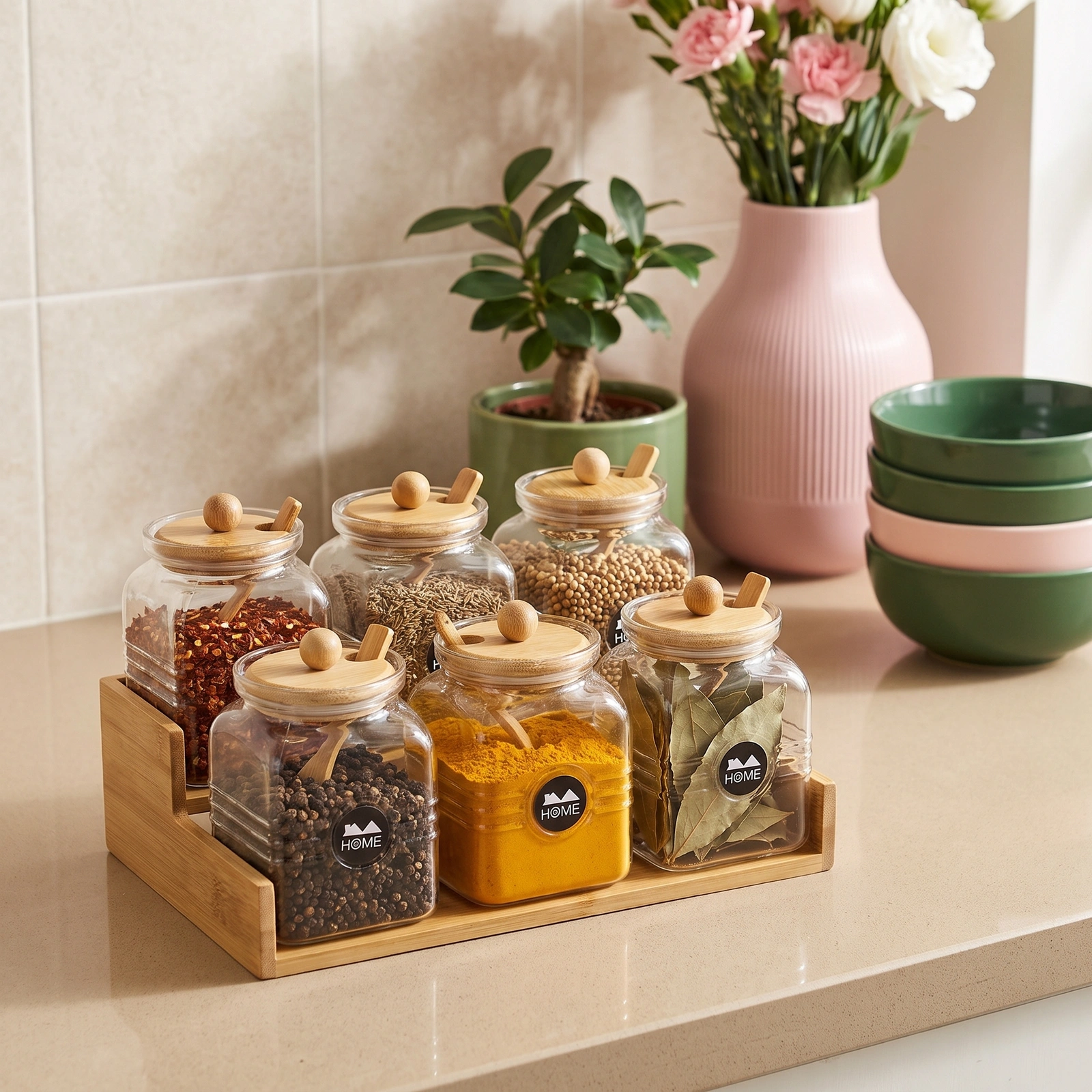 Glass Storage Jars with Wood Lids & Spoons - Set of 6 - Kitchen essentials