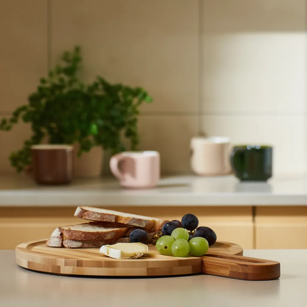 Round Bamboo Wood Cutting Board with Handle - Home Organizers