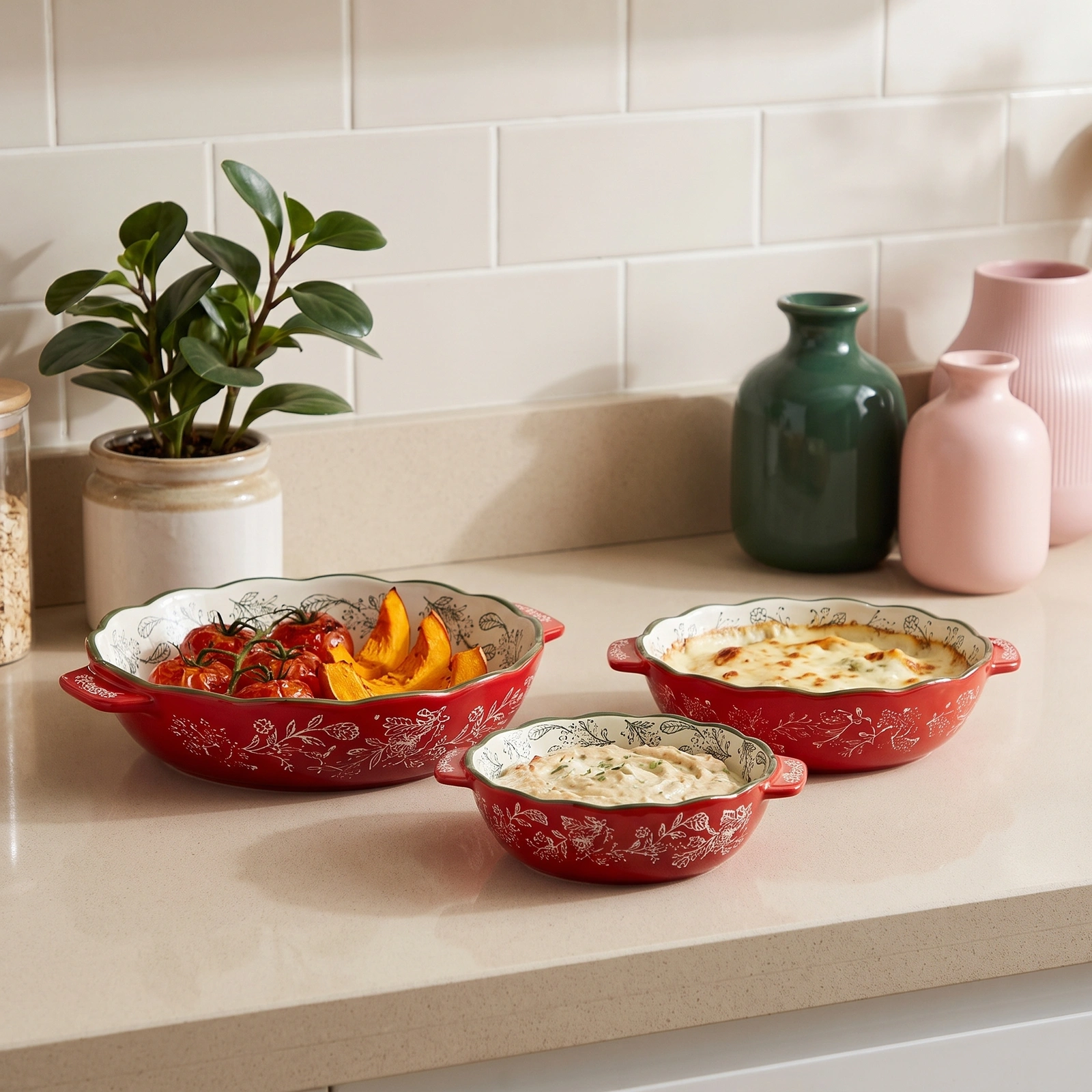Red Granite Bakeware Set 3 Pieces - Floral Design - Offers