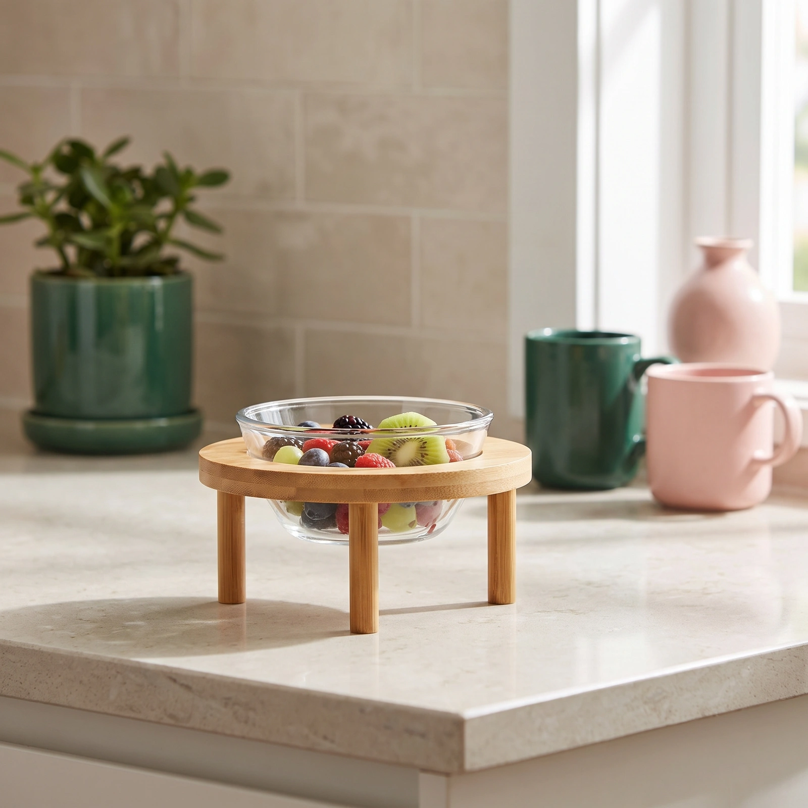 Glass Serving Bowl with Wood Stand - Clear & Light Brown - Kitchen essentials