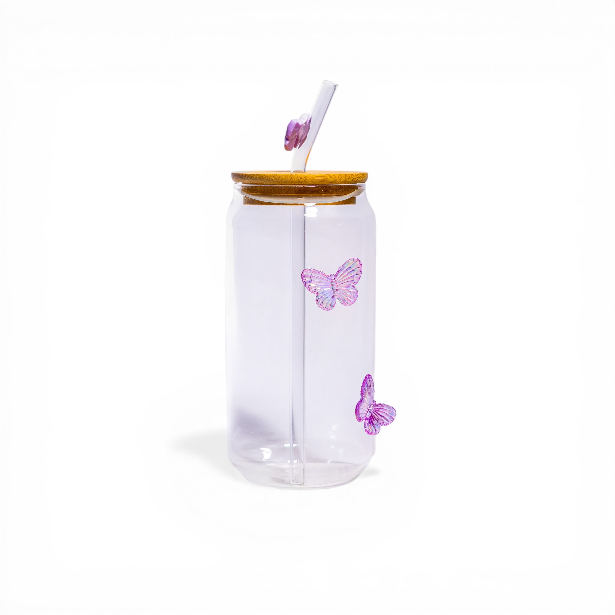 Glass Can Cup with Bamboo Lid & Straw - Purple Butterfly - Home Organization
