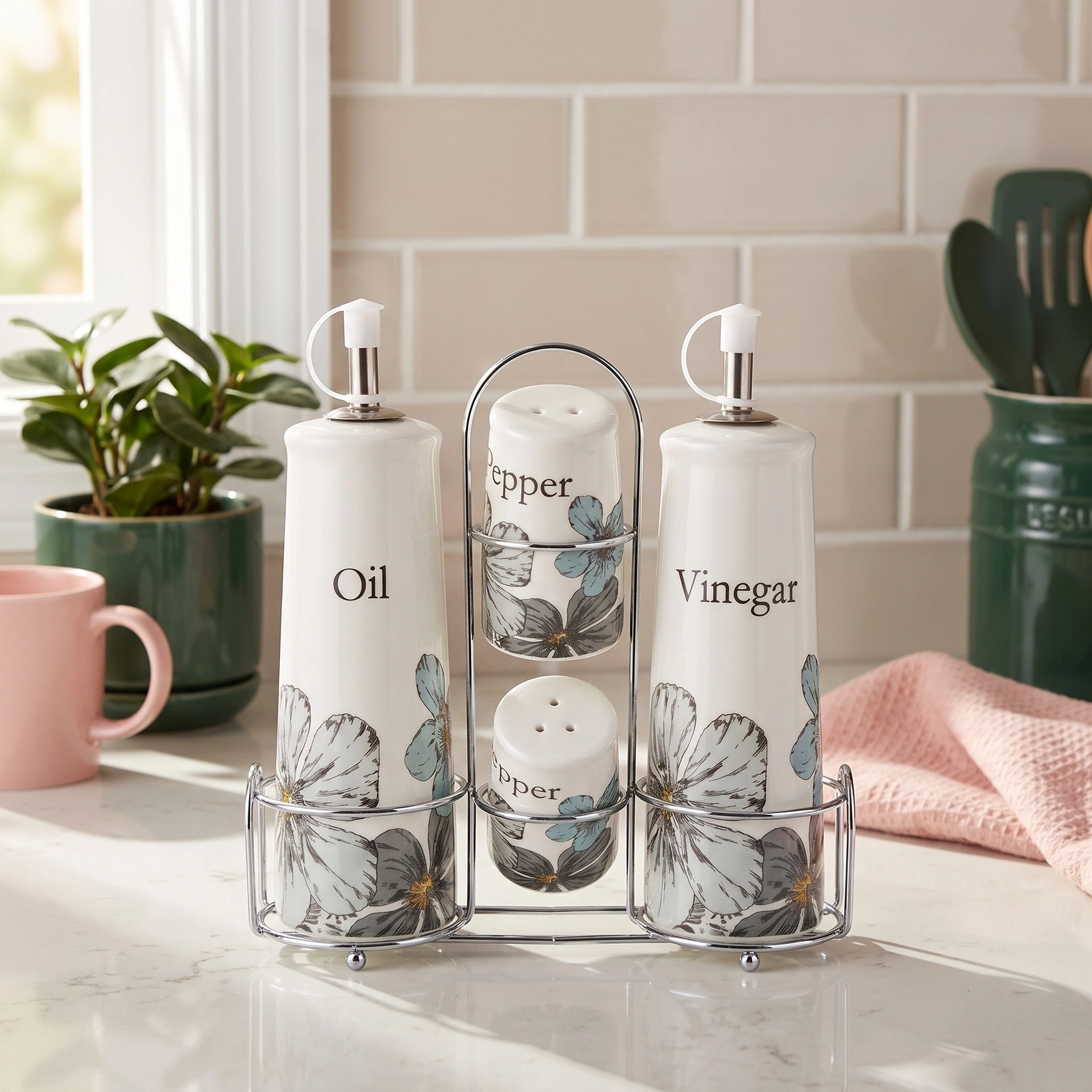 Porcelain Oil Vinegar Salt Pepper Dispenser Shaker Set 5 Pcs Floral - Offers