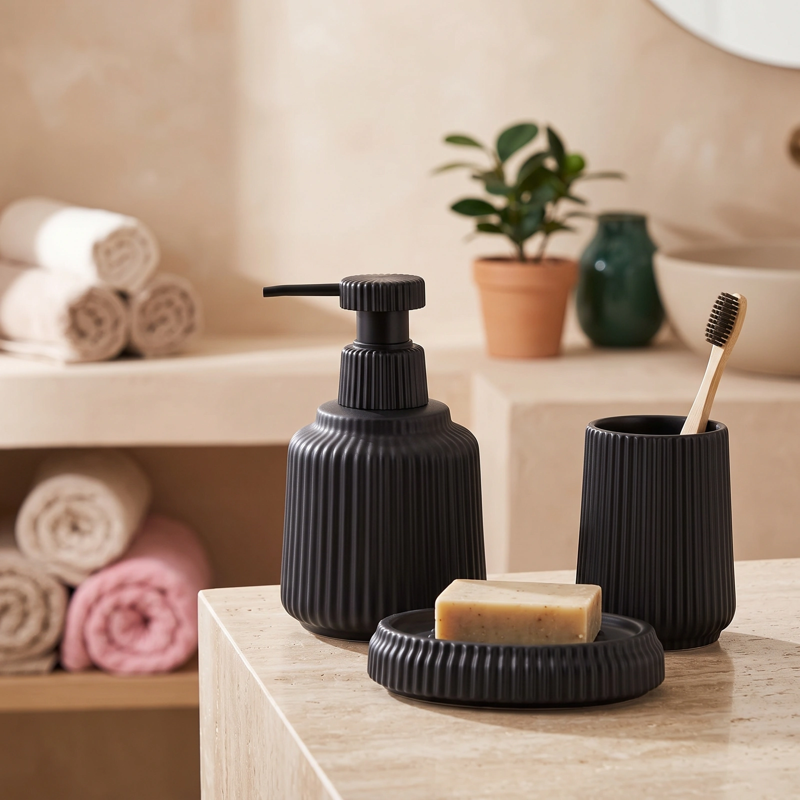 Black Ceramic Bathroom Accessories Set - 3 Pieces - Offers