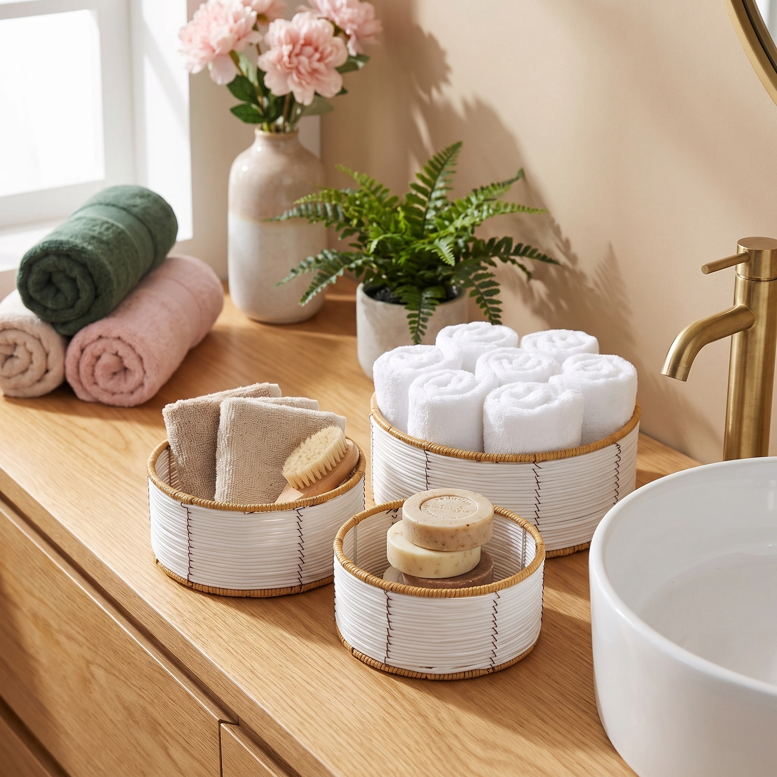 Khous Storage Baskets Set - 3 Round White & Tan Organizers - Kitchen essentials