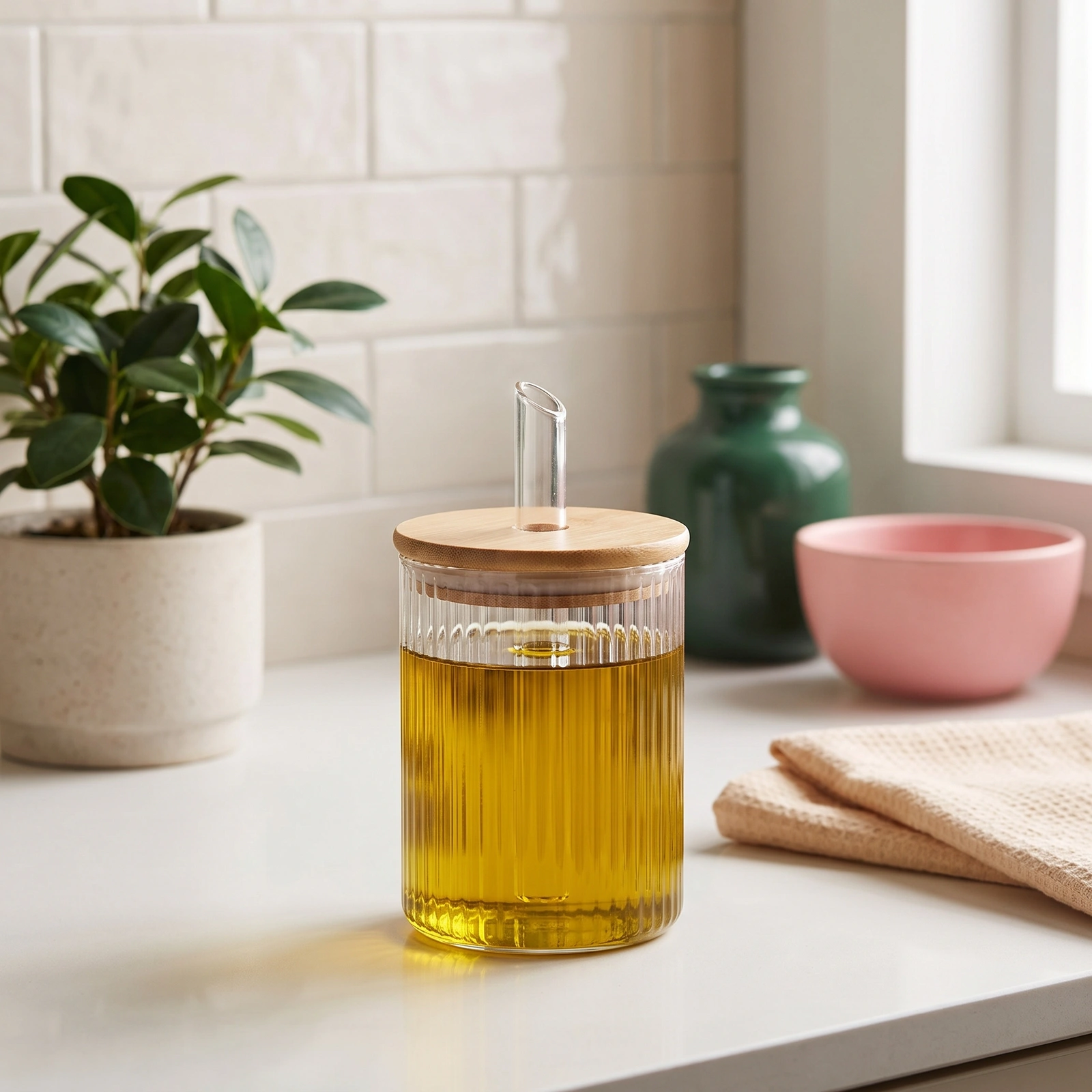 Ribbed Glass Oil Dispenser Bottle with Wood Lid - Home Organizers
