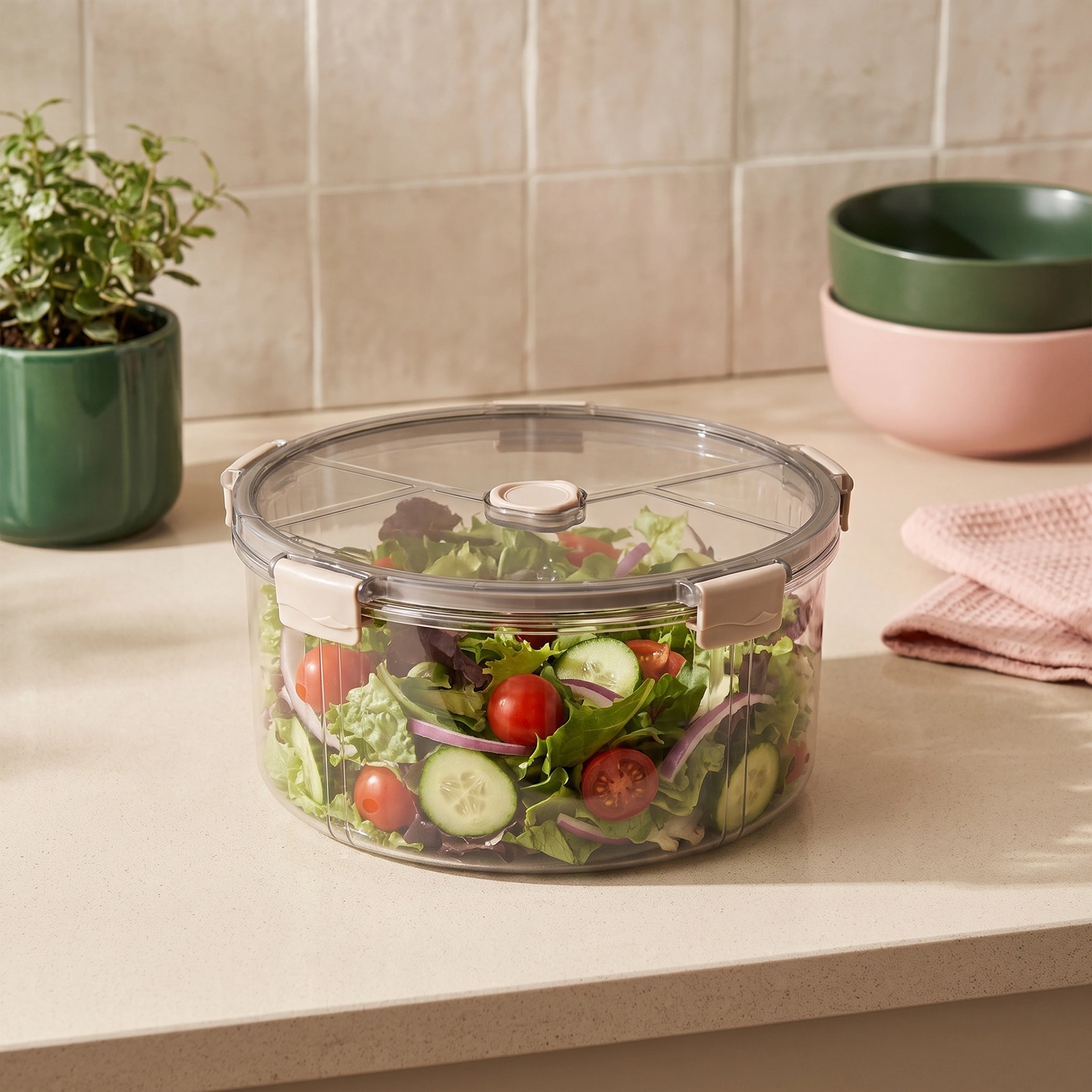 Acrylic Round Cake Carrier - Clear with Beige Clasps - Home Decor