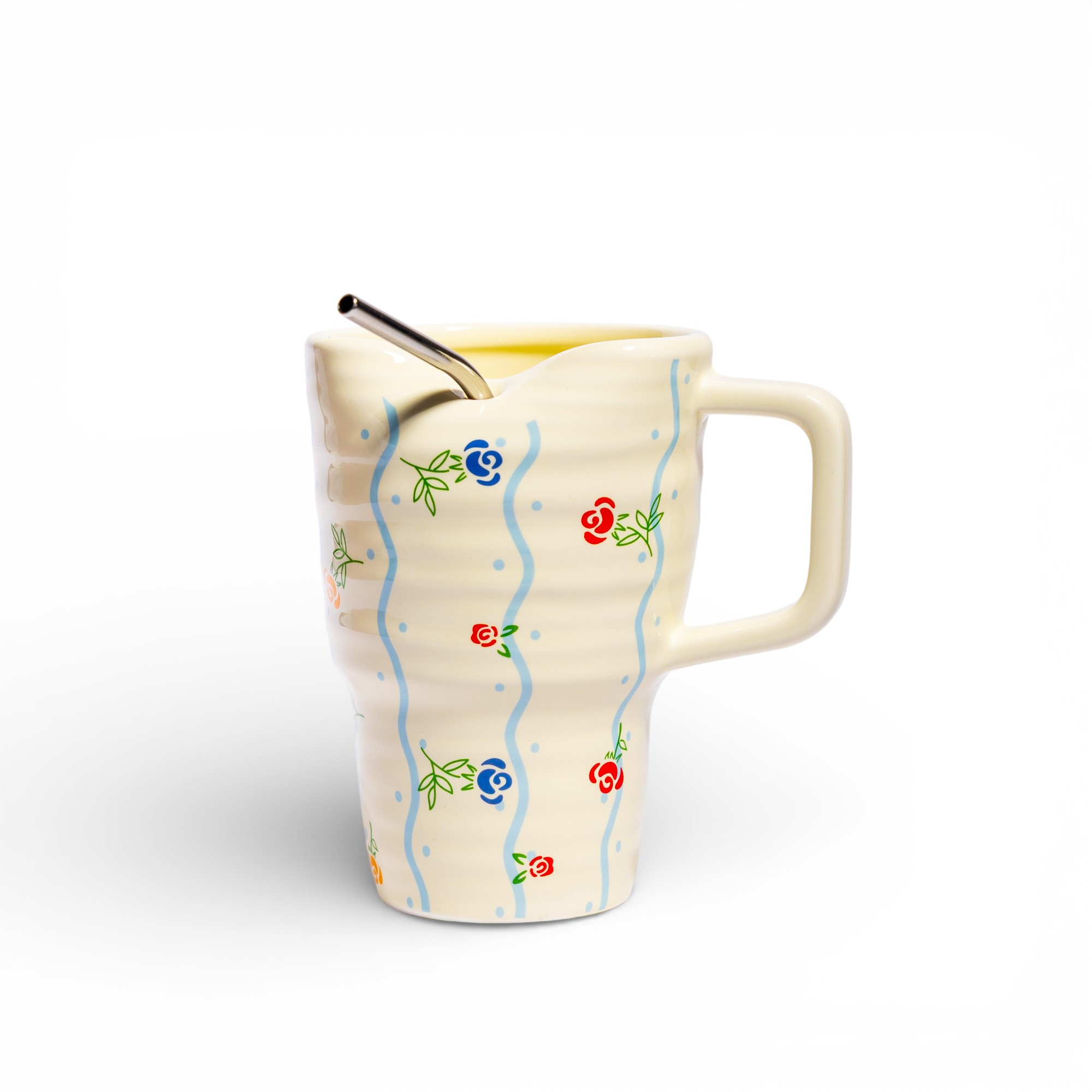 Ceramic Mug with Straw Slot - Floral Design - Home Organization