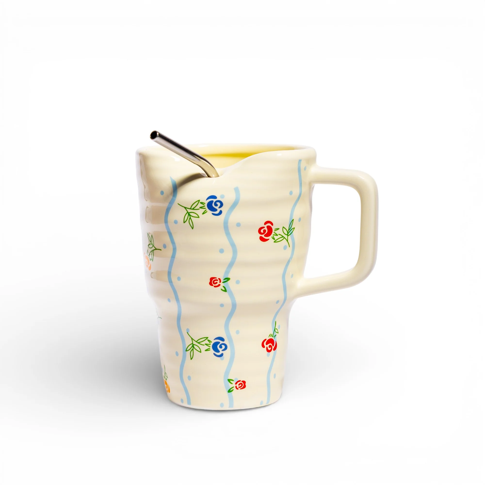 Ceramic Mug with Straw Slot - Floral Design - Cleaning Essentials