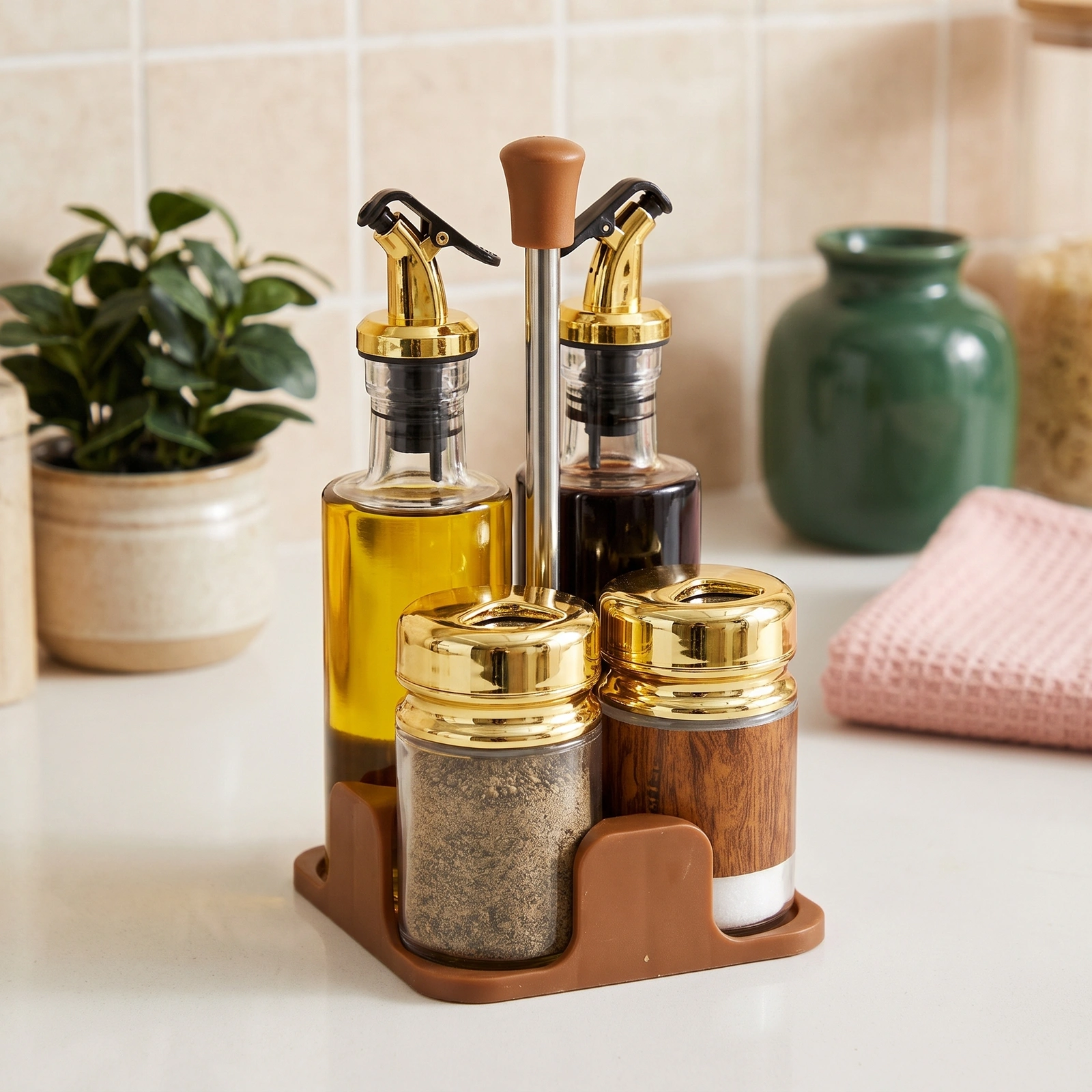 4-Piece Glass Oil Vinegar & Spice Cruet Set - Brown & Gold - Home Organizers