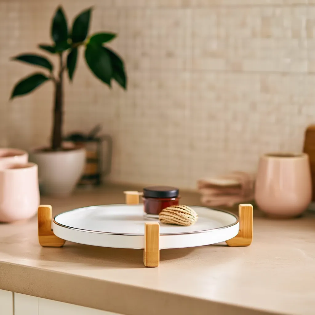 Round Porcelain Serving Tray with Wood Handles - White - Home Organizers