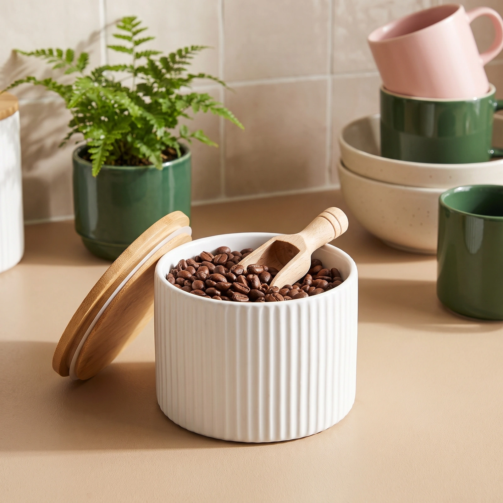 White Porcelain Storage Jar with Wood Lid - Kitchen essentials