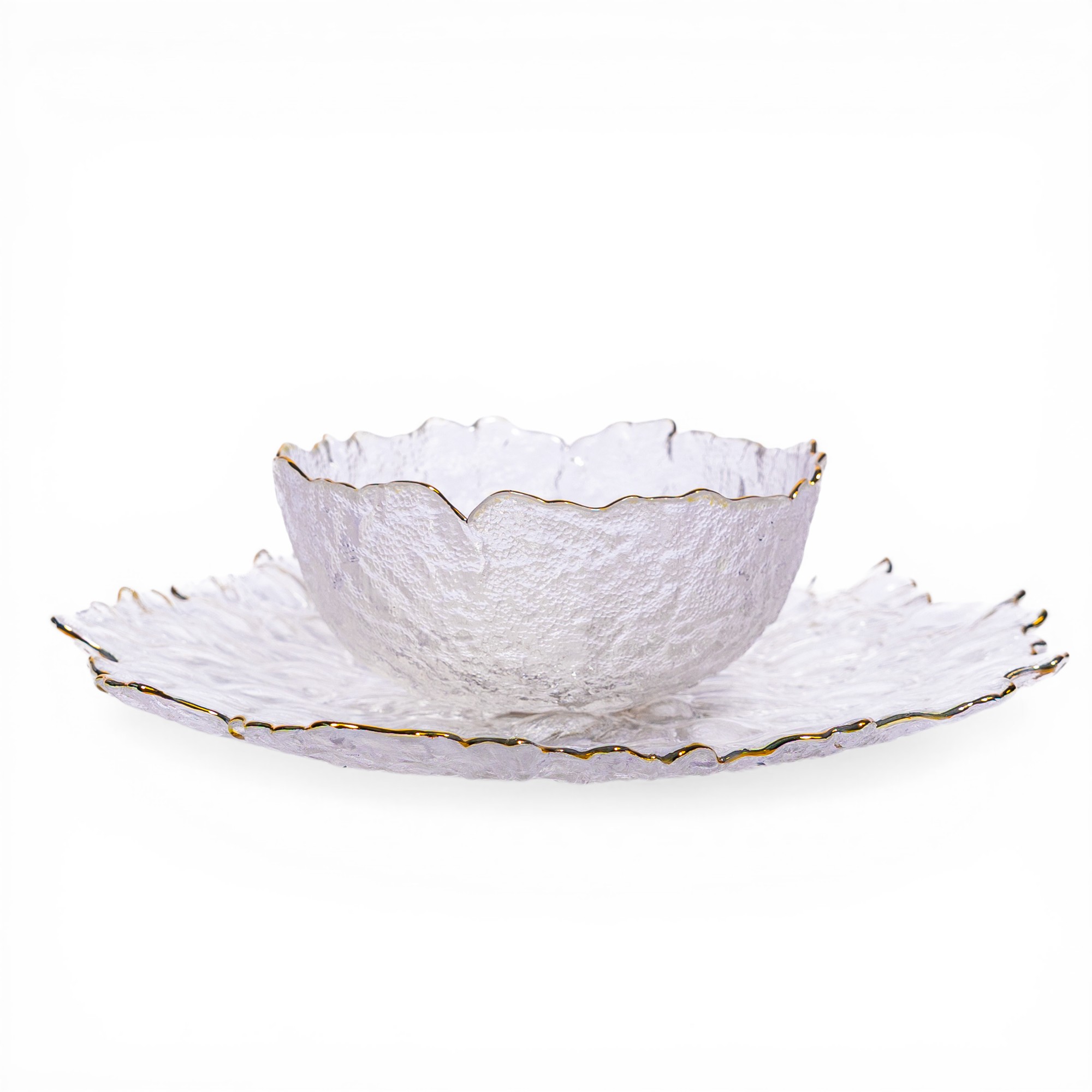Glass Serving Bowl & Plate Set - Gold Rim Clear Textured - Home Organization