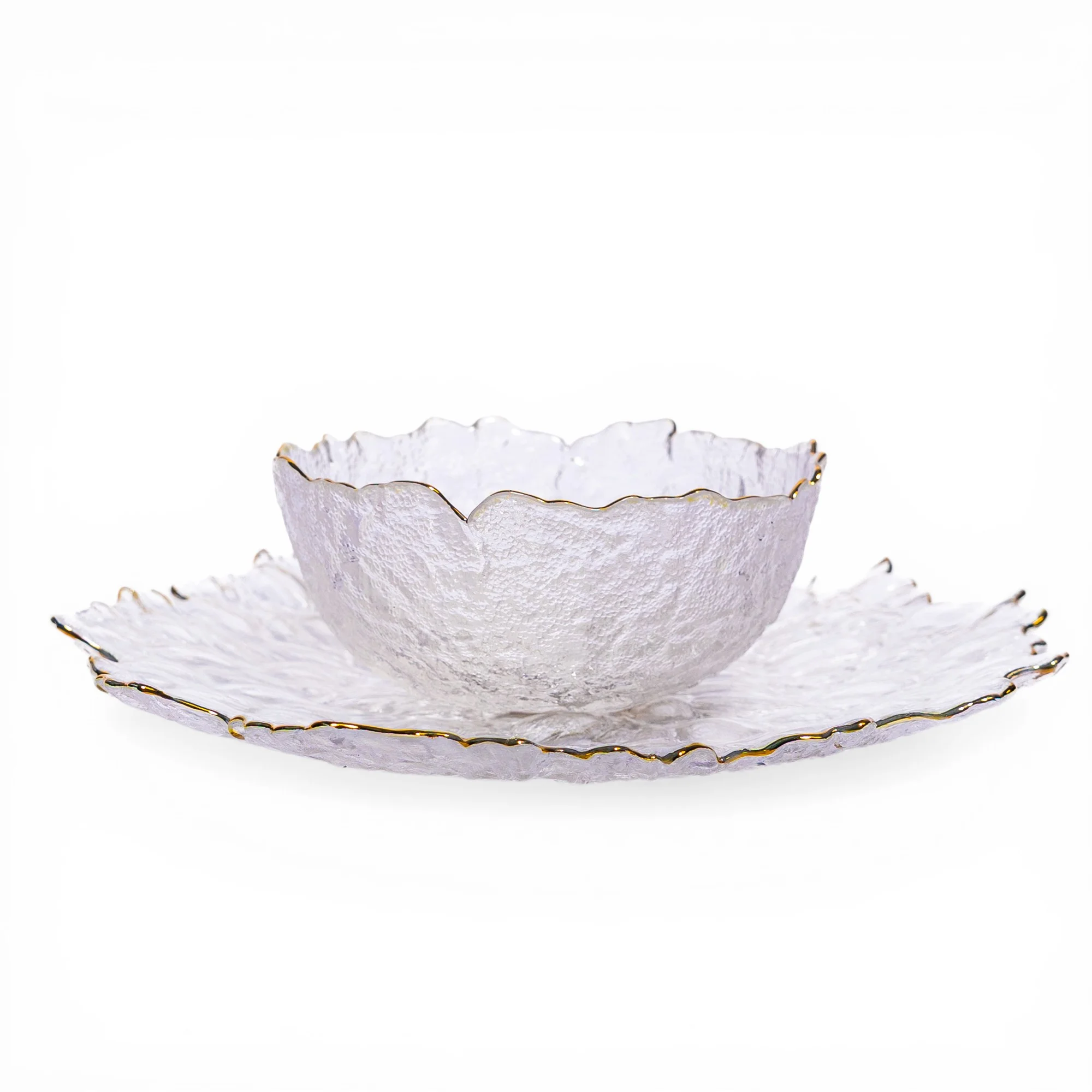 Glass Serving Bowl & Plate Set - Gold Rim Clear Textured - Cleaning Essentials