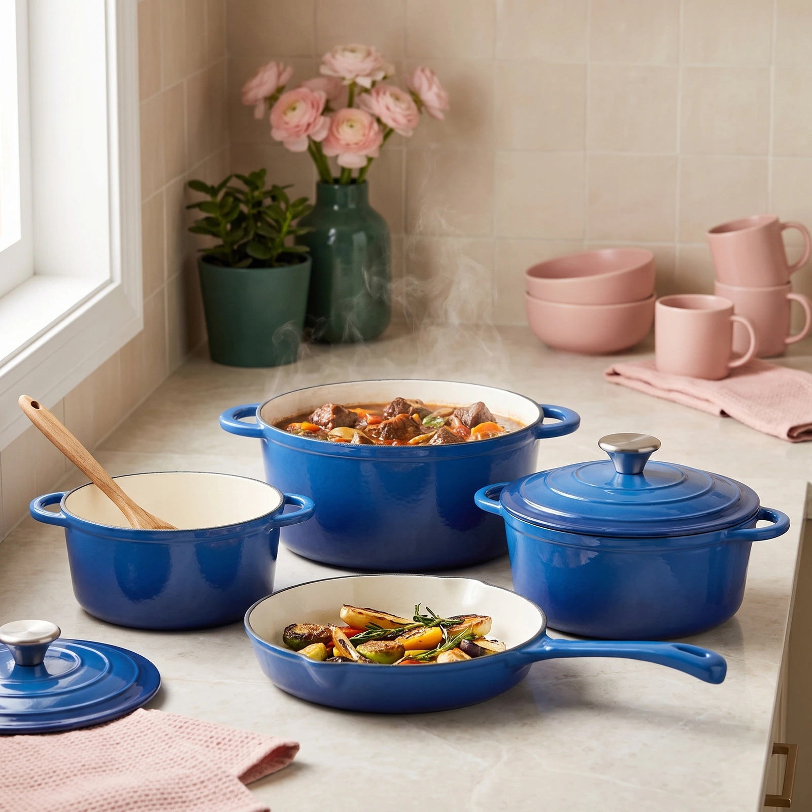 4-Piece Blue Cast Iron Cookware Set - Pots & Frying Pan - Offers