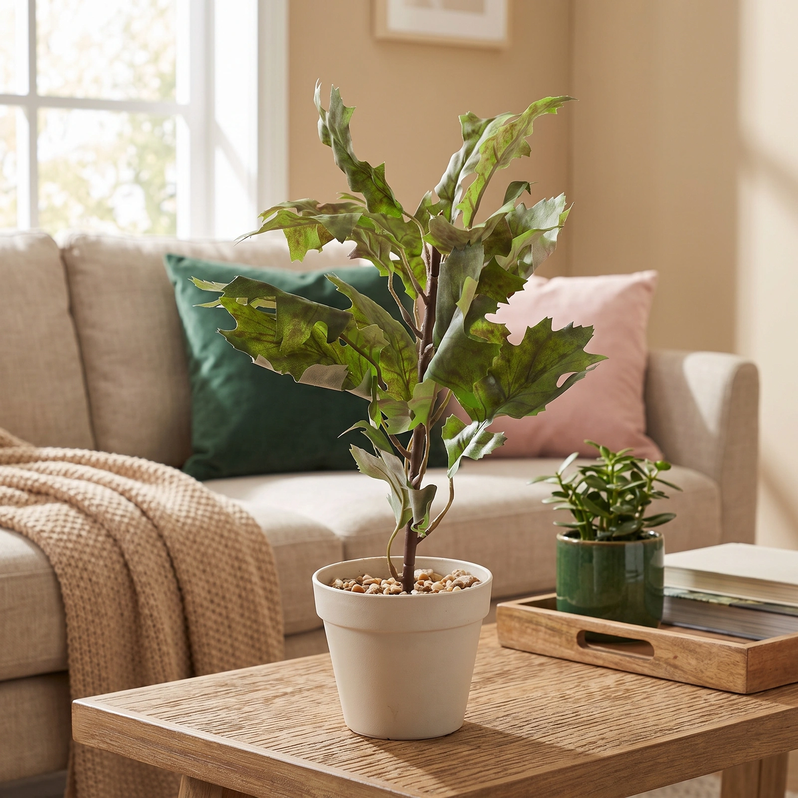 Artificial Plastic Plant - Green Leaves in Beige Pot - Kitchen essentials