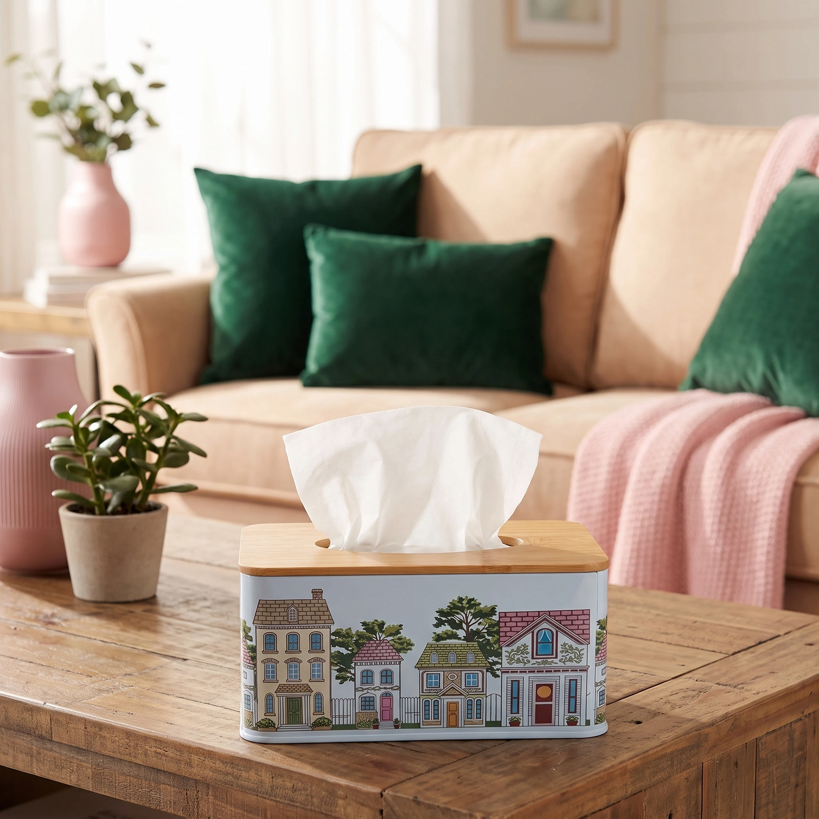Metal & Wood Tissue Box Holder - Light Blue Houses - Offers