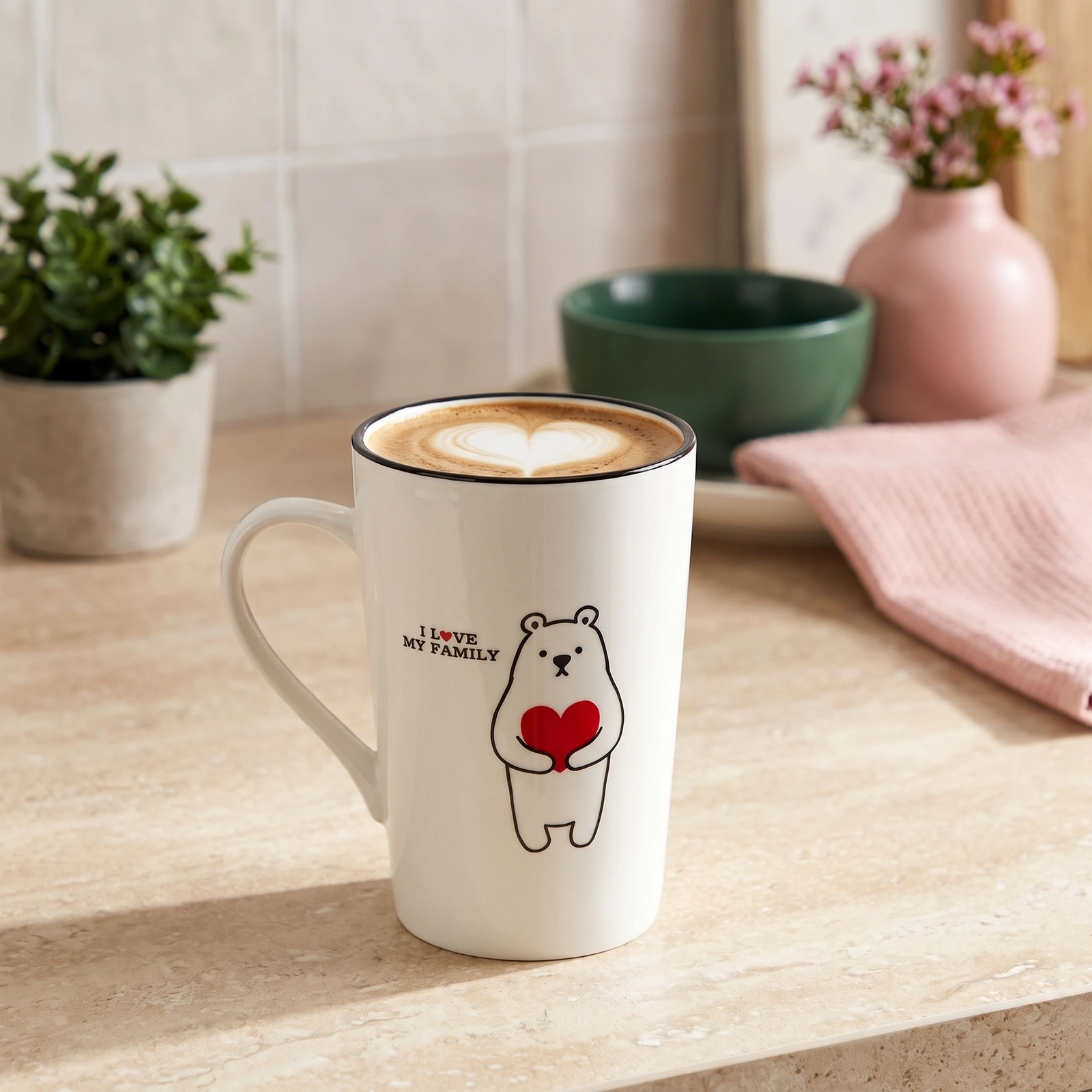 Ceramic Mug - White with Bear & Heart Design - Cookware