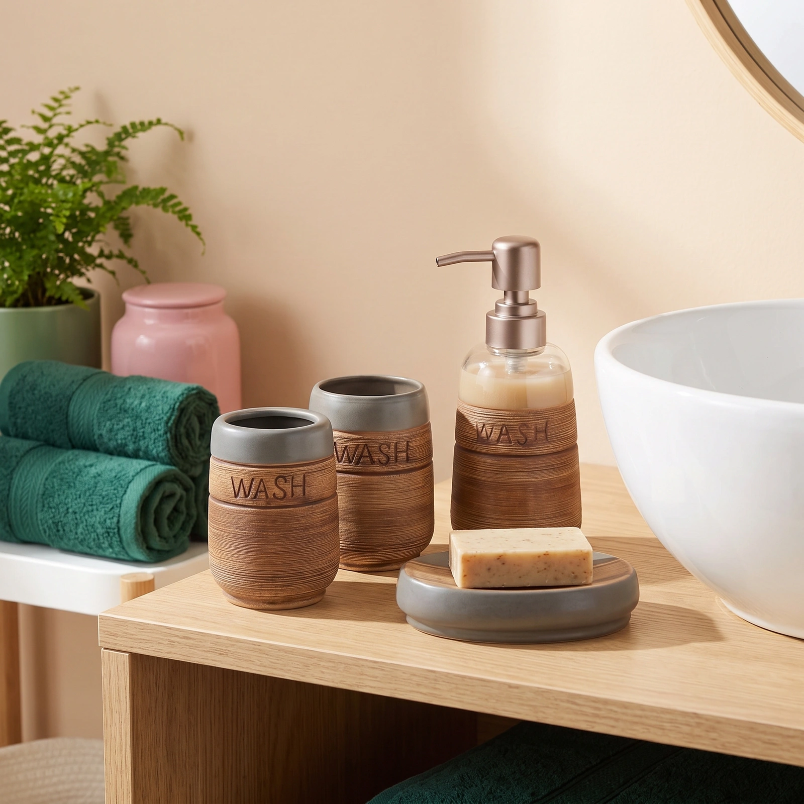 Ceramic Bathroom Set 4 Pcs - Grey & Brown - Offers