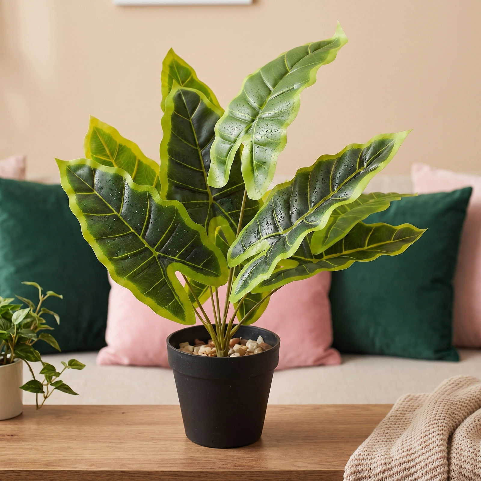 Artificial Plant with Black Plastic Pot - Green Leaves - Kitchen essentials