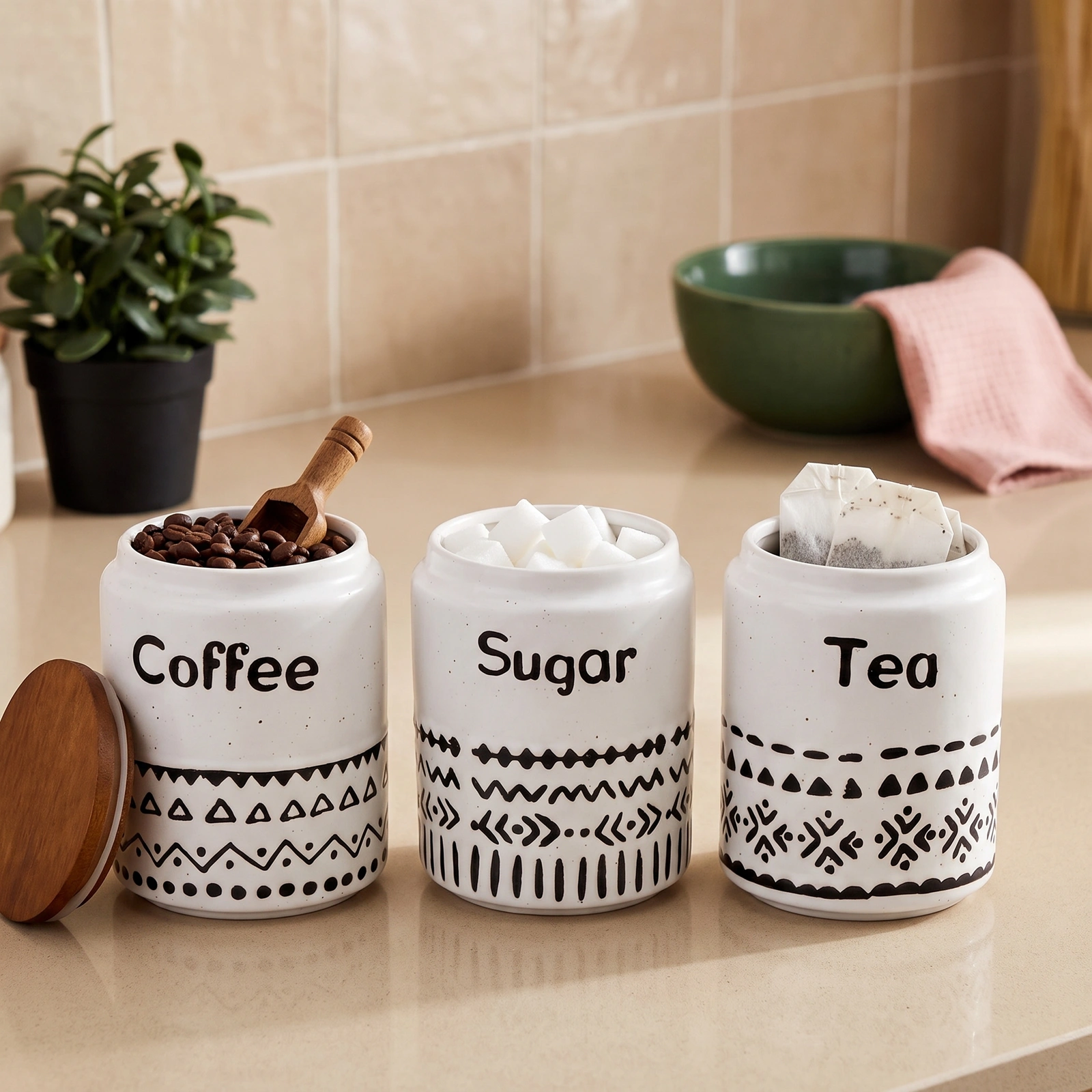 Porcelain Storage Jars Set - Coffee, Sugar, Tea - White Tribal - Kitchen essentials
