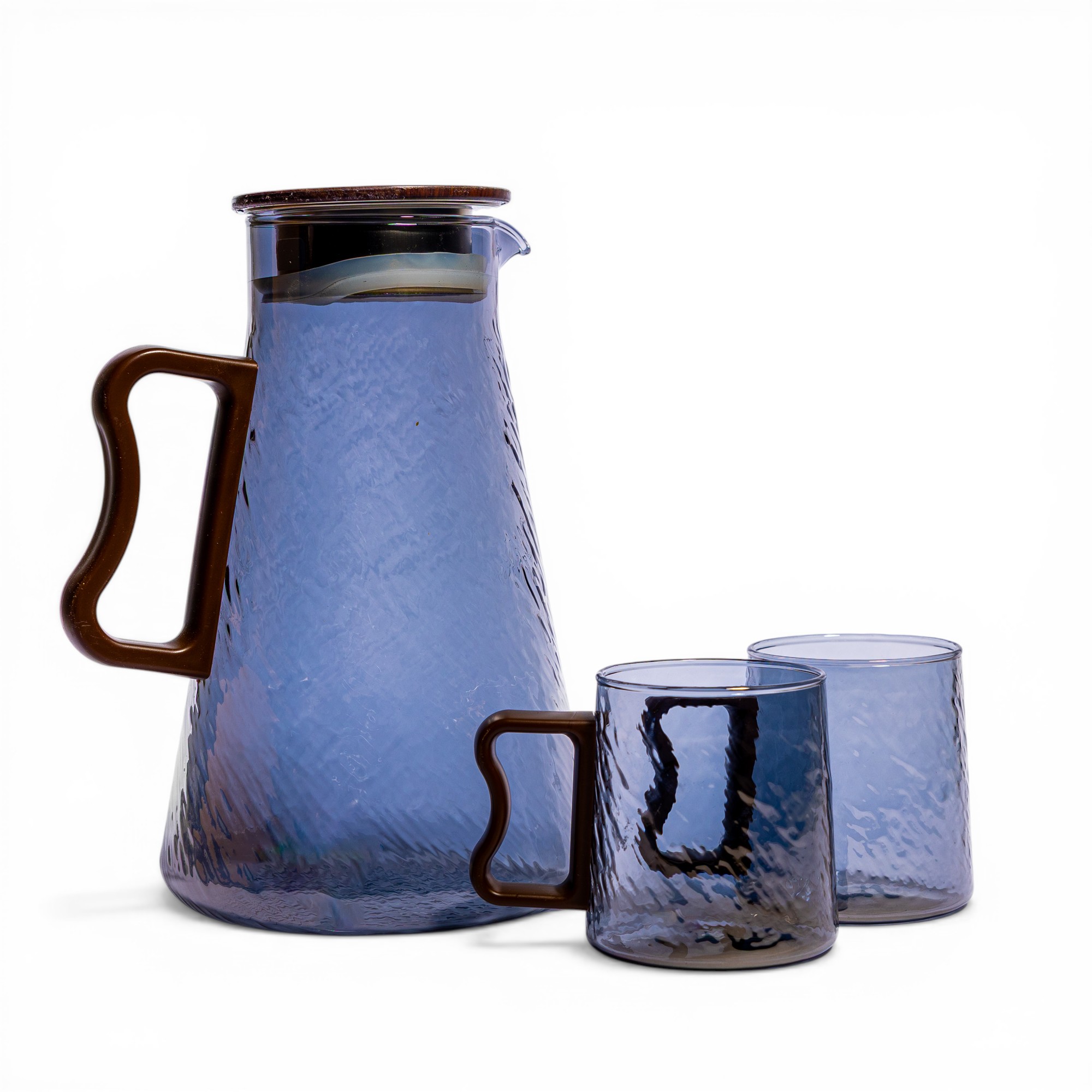 Textured Glass Pitcher & 2 Glasses Set - Blue with Brown Handles - Home Organization