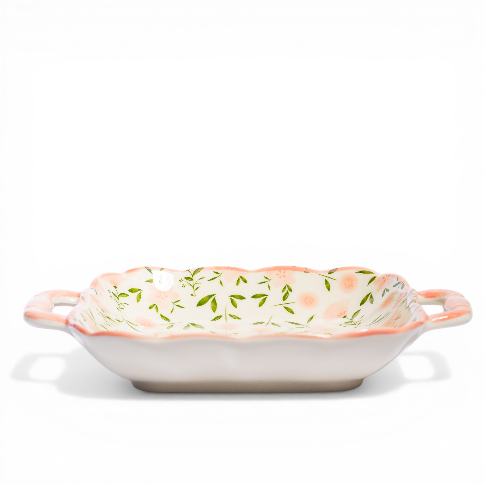Ceramic Serving Dish with Handles - Pink Floral Pattern - Home Organization