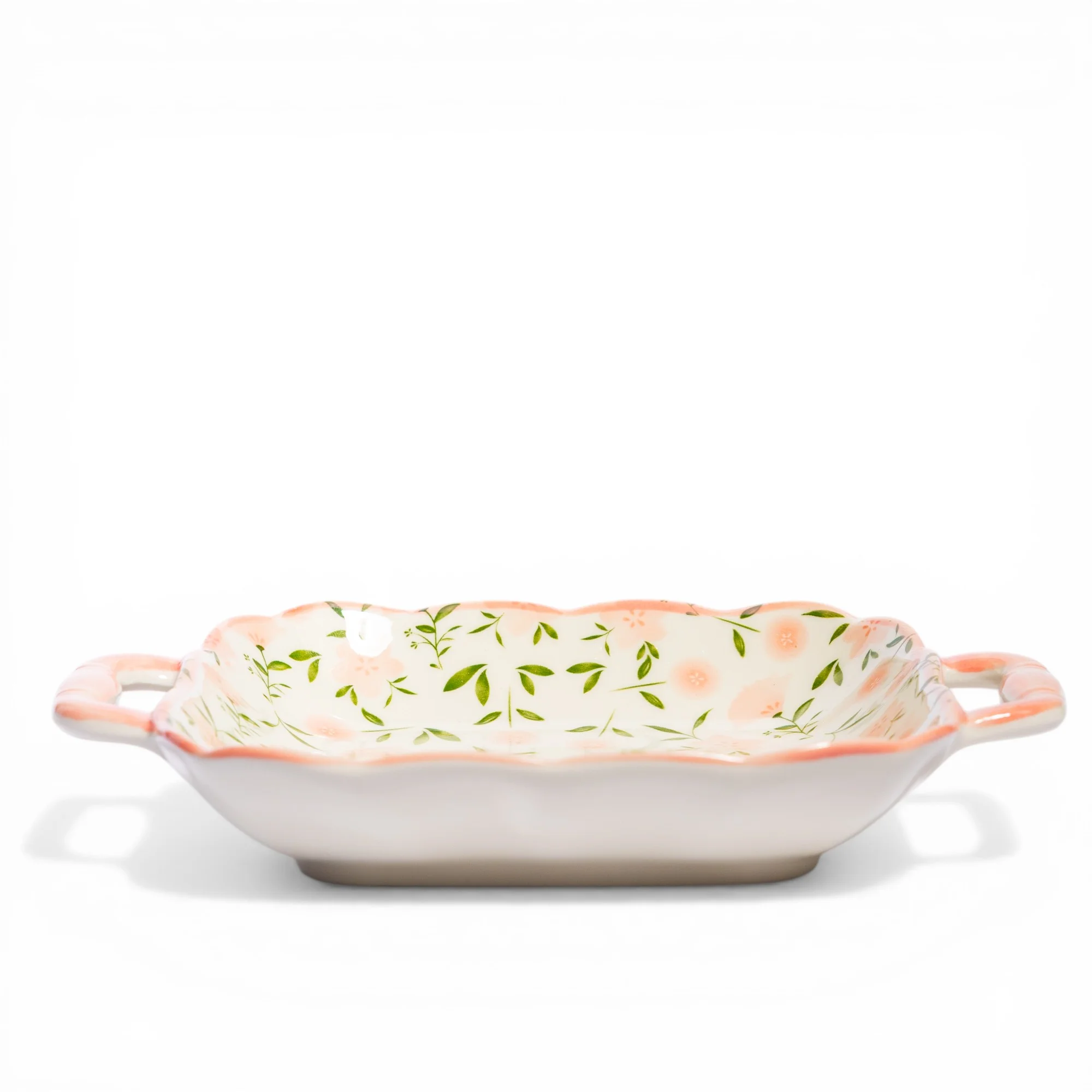 Ceramic Serving Dish with Handles - Pink Floral Pattern - Cleaning Essentials