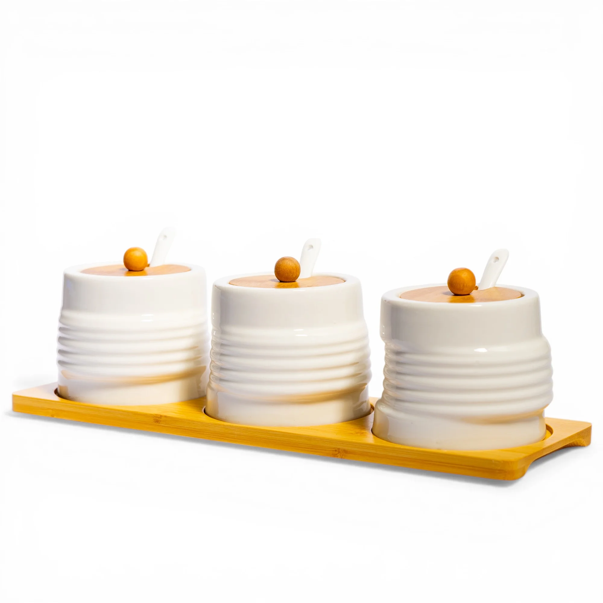Ceramic Spice Jars Set with Bamboo Tray - 3 Pcs White - Cleaning Essentials