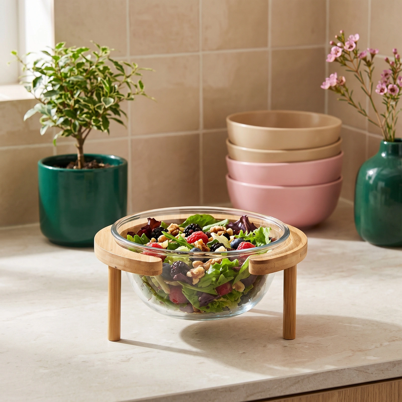 Glass Serving Bowl with Wood Stand - Clear - Kitchen essentials