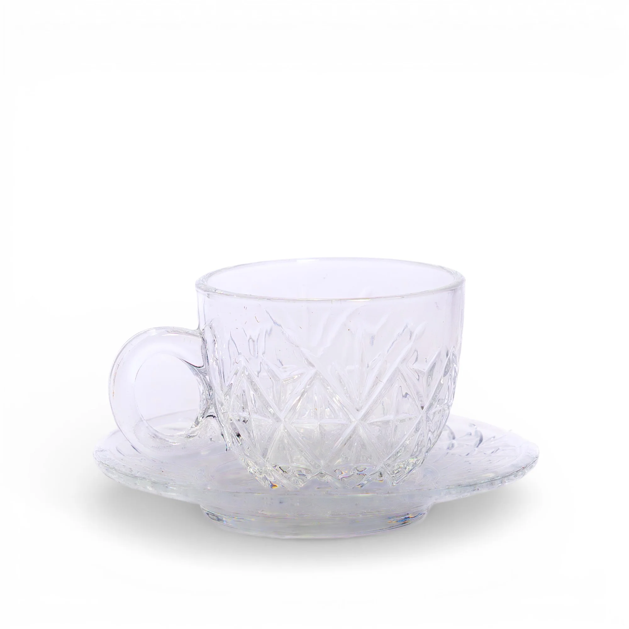 Glass Cup & Saucer Set - Diamond Pattern - Home Organizers
