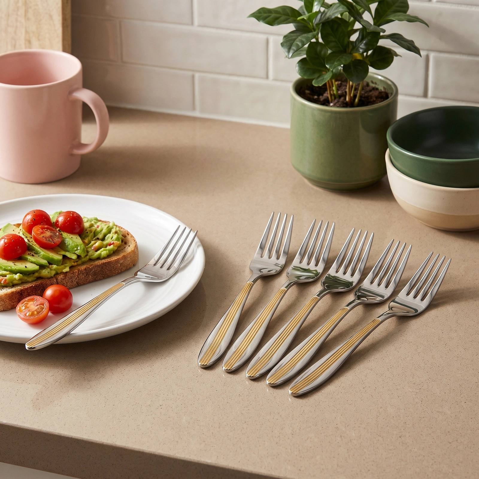 Stainless Steel Dinner Fork Set - Silver & Gold Handle, 6 Pcs - Cookware