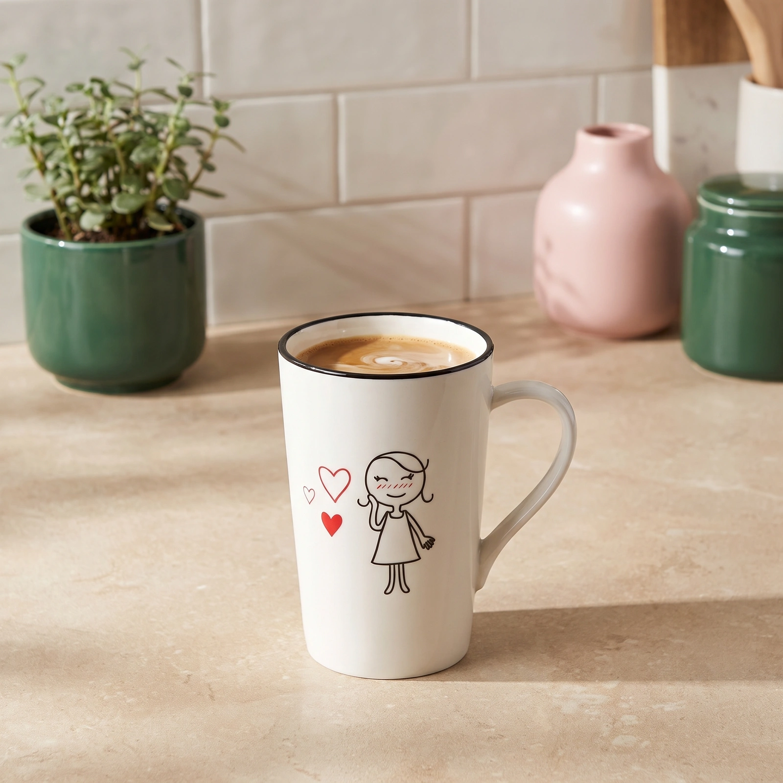 Ceramic Mug - White with Girl & Hearts Design - Cookware