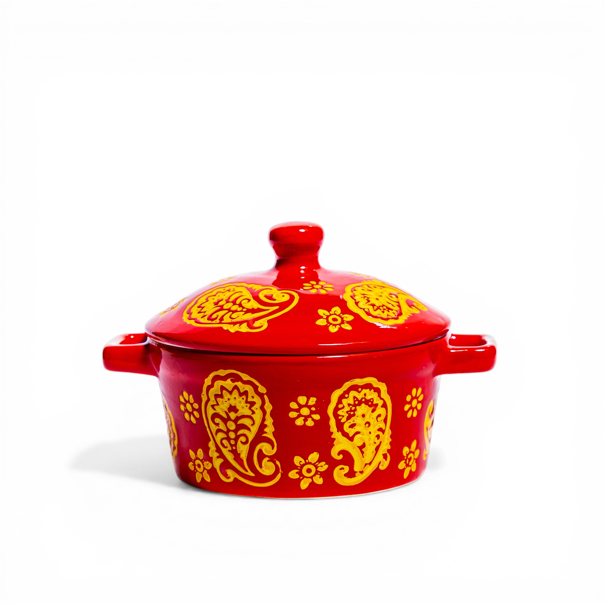 Ceramic Serving Pot with Lid - Red & Yellow Paisley - Home Organization