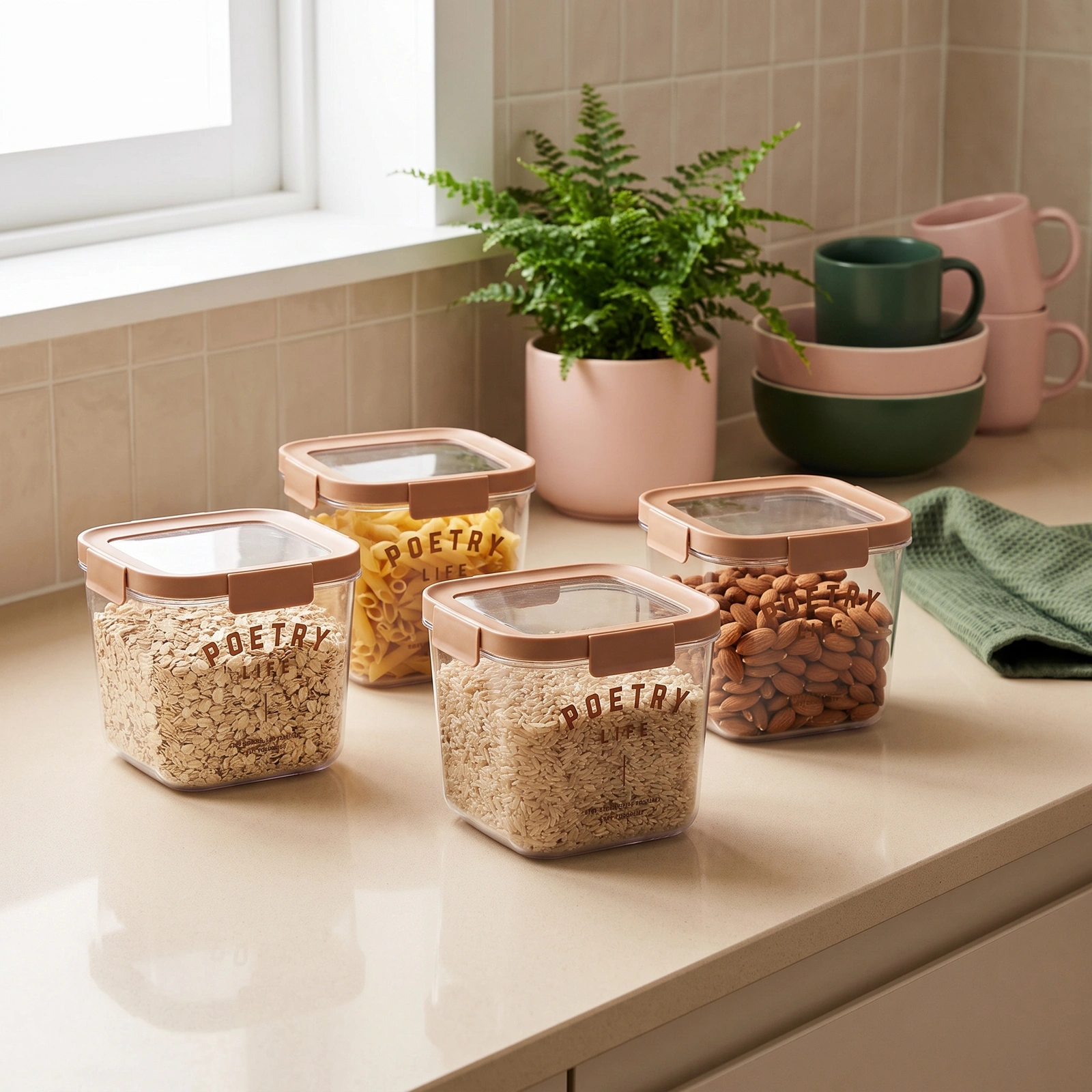 Acrylic Storage Container Set - 4 Clear Pieces with Brown Lids - Home Decor