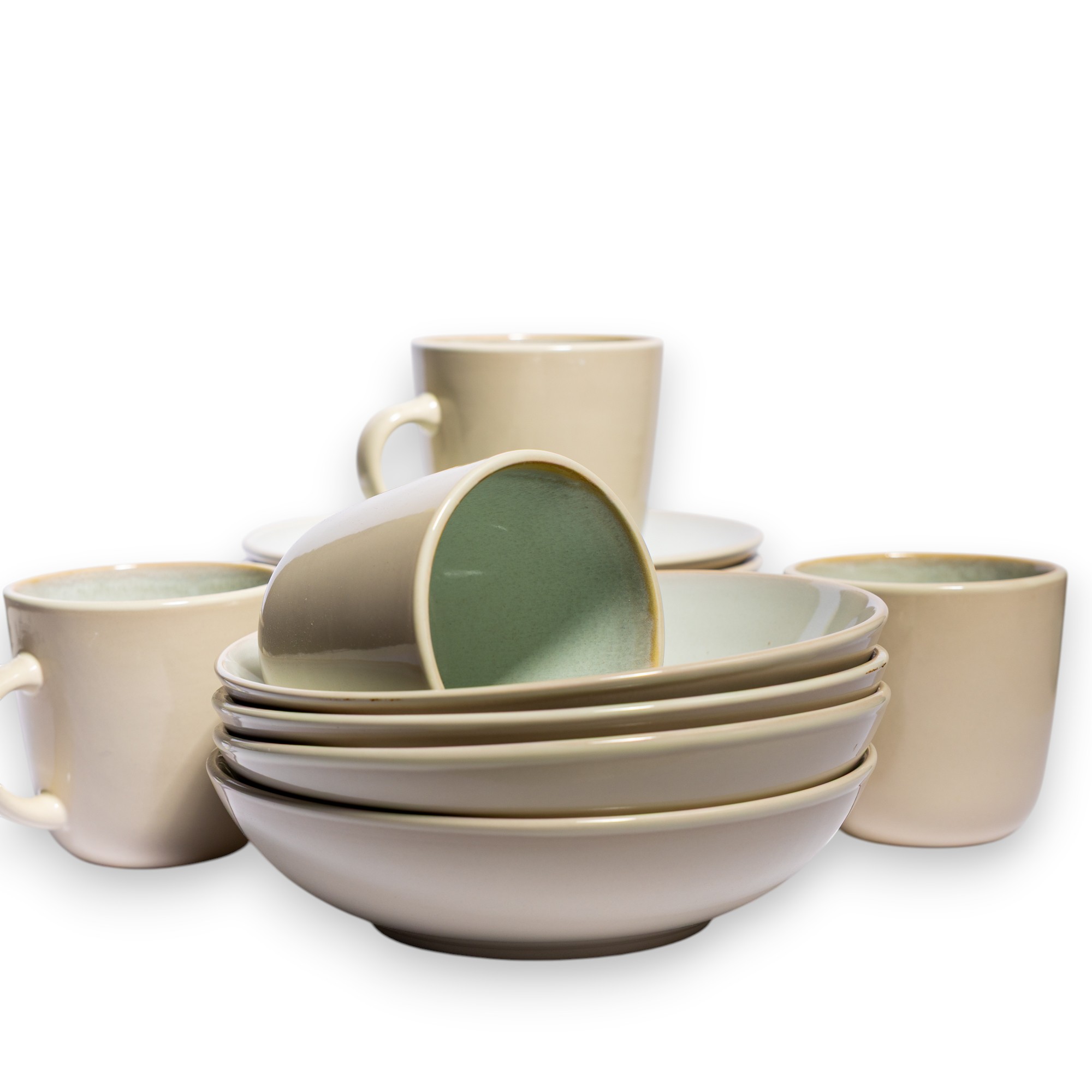 Ceramic Dinnerware Set - Beige & Green Two-Tone - Home Organization