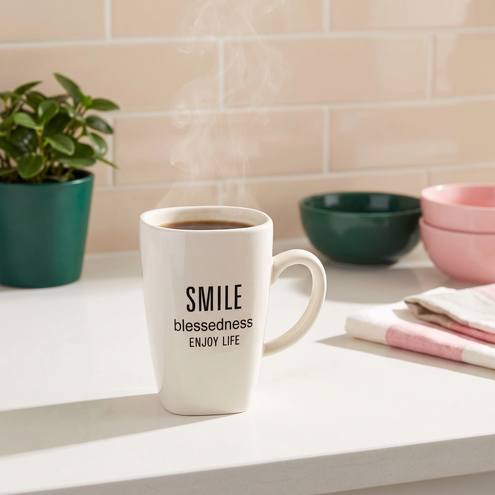 Ceramic Mug - White with 'SMILE' Quote - Cookware