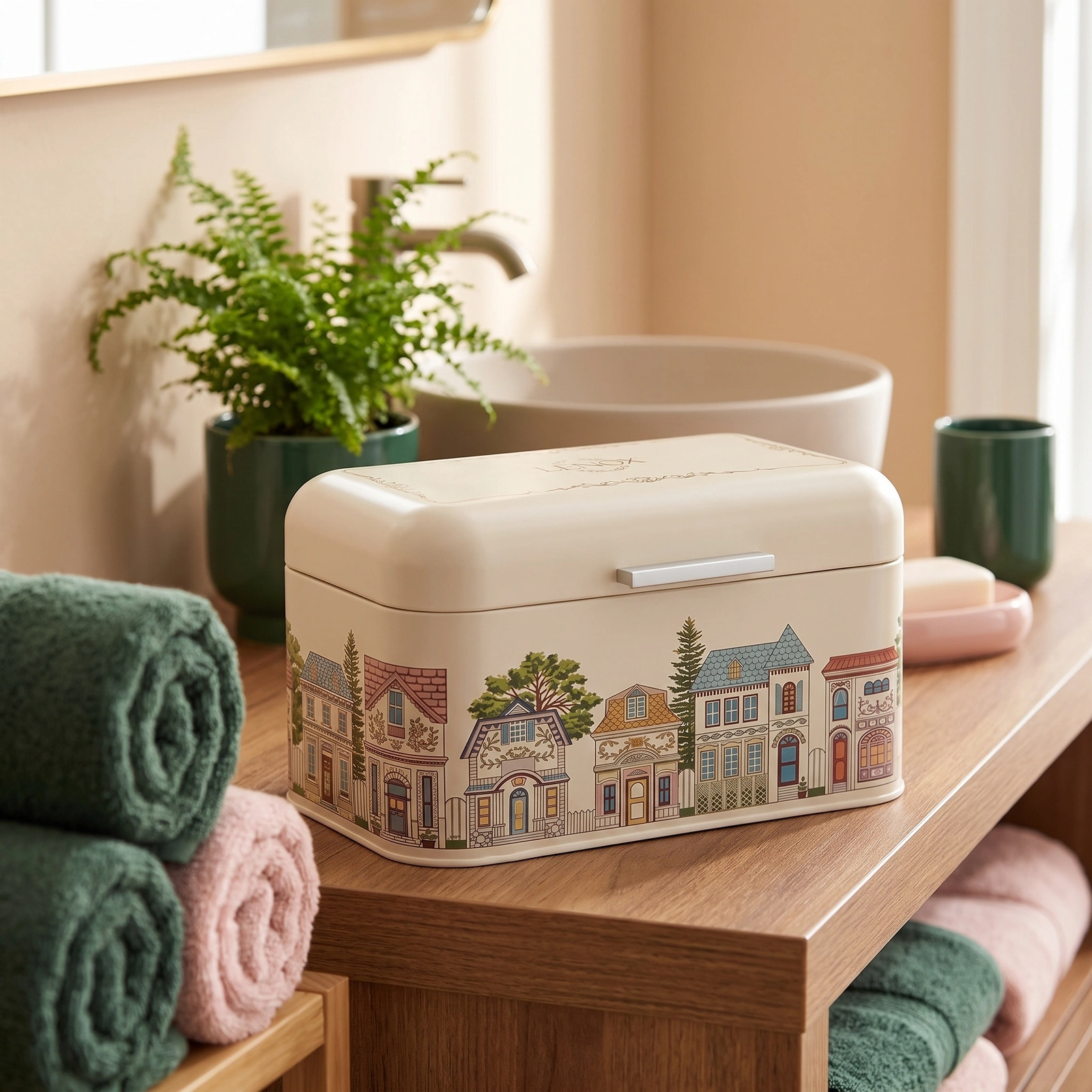 Metal Bread Box with Village Design - Cream - Offers