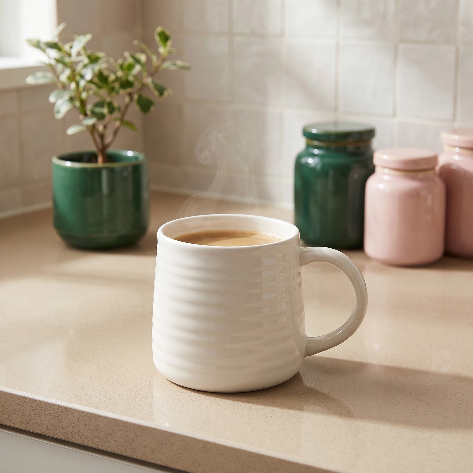 Ceramic Mug - Cream Ribbed Design - Offers
