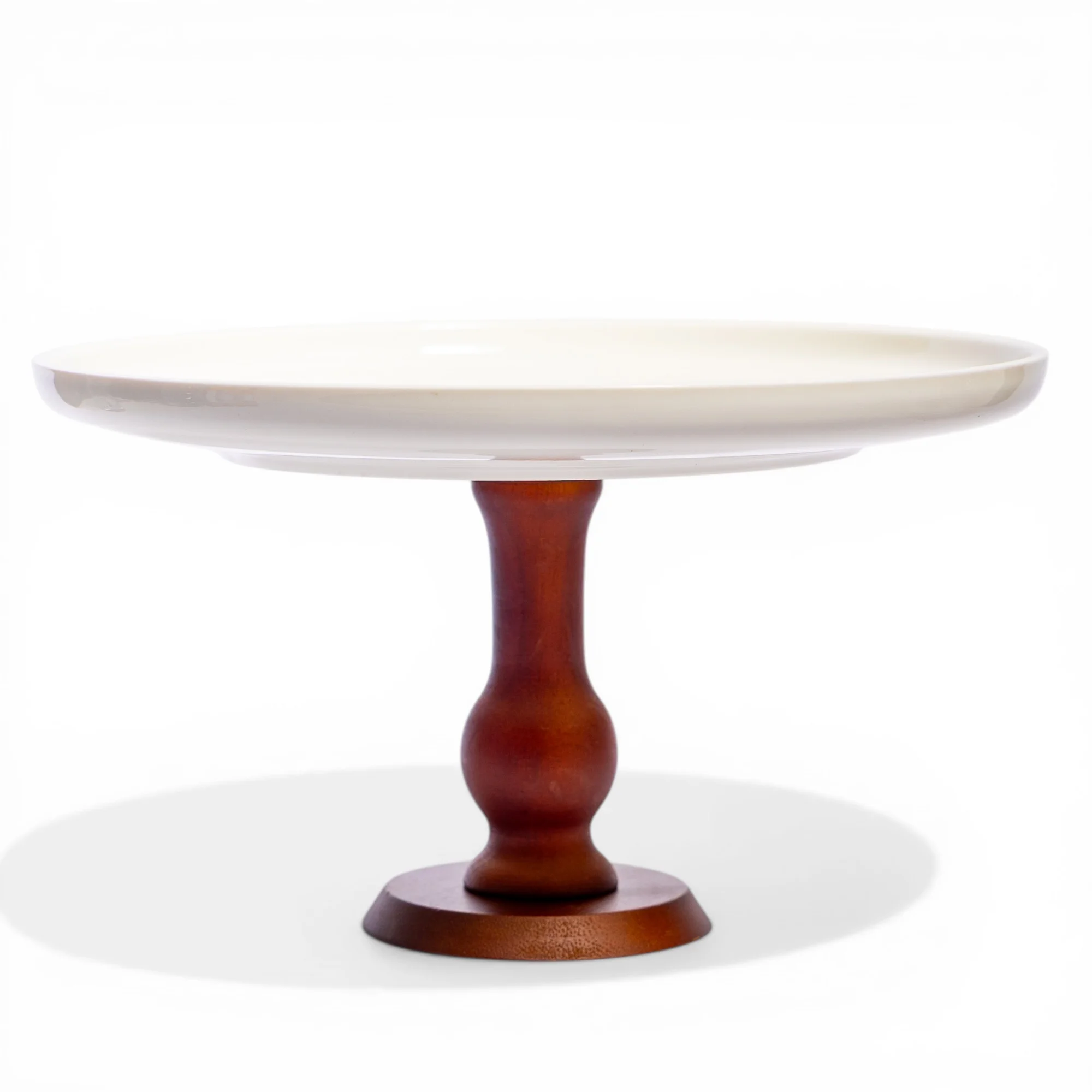 Cake Stand Ceramic Plate with Wooden Base - Cream - Home Organizers