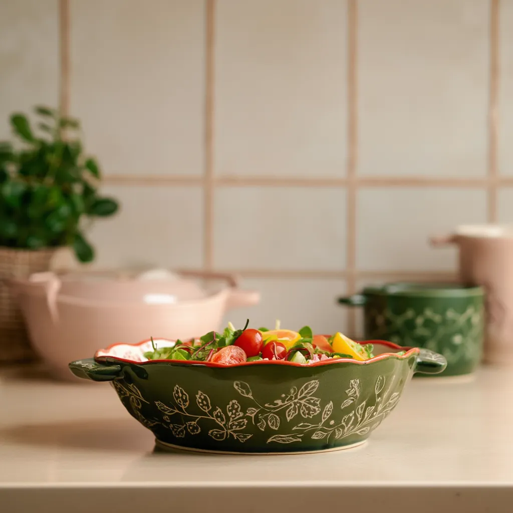 Porcelain Baking Dish with Handles - Green Floral Design - Home Organizers