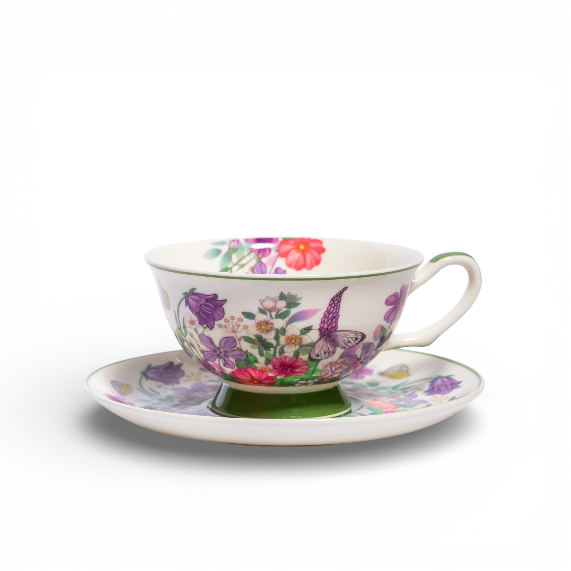 Porcelain Teacup & Saucer Set - Floral & Butterfly Design - Home Organization