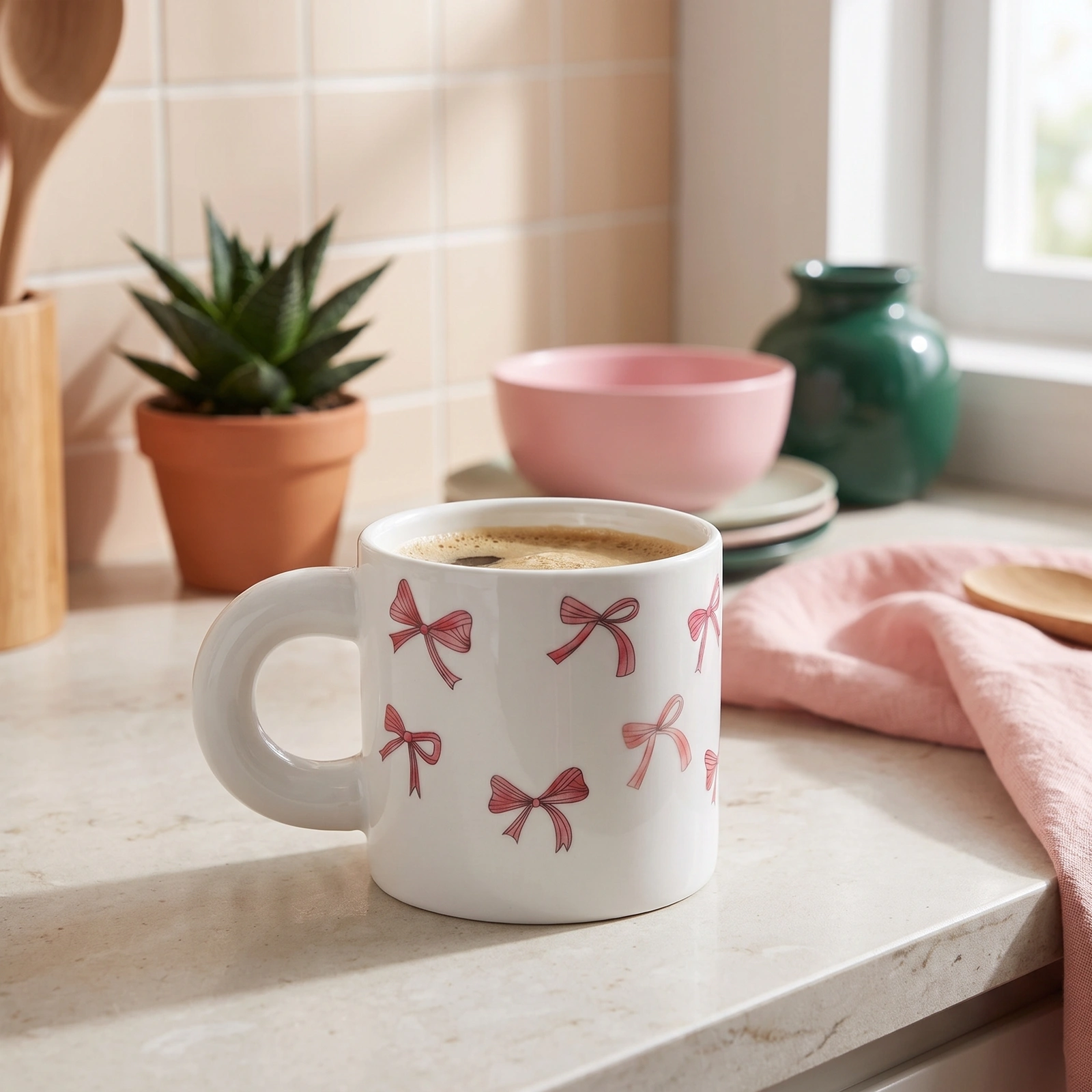 Ceramic Mug - White with Pink Bows Design - Cookware