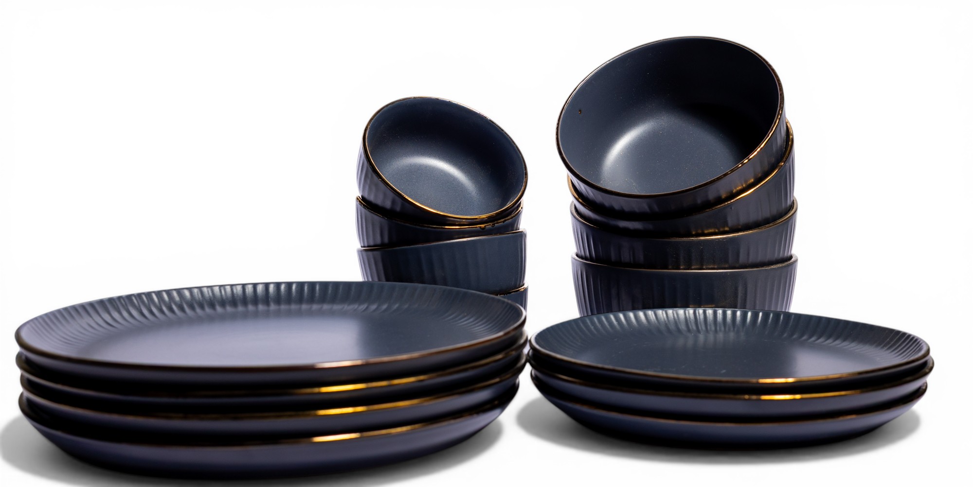 Ceramic Dinnerware Set - Dark Grey Gold Rim 12 Pcs - Home Organization