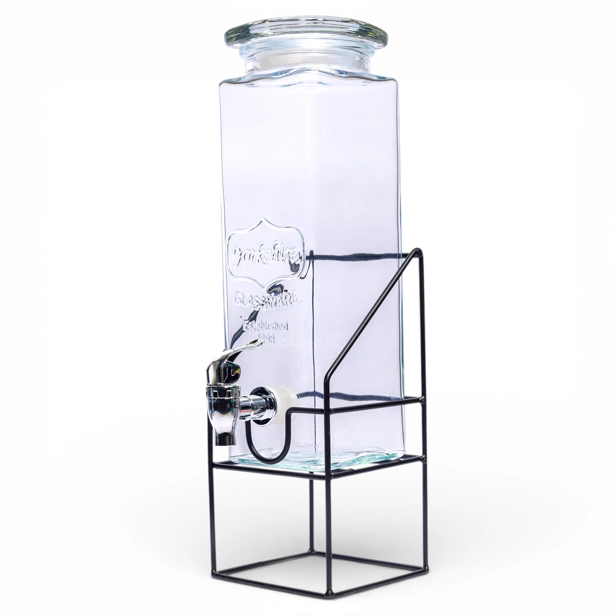 Glass Drink Dispenser with Spigot and Metal Stand - Home Organizers