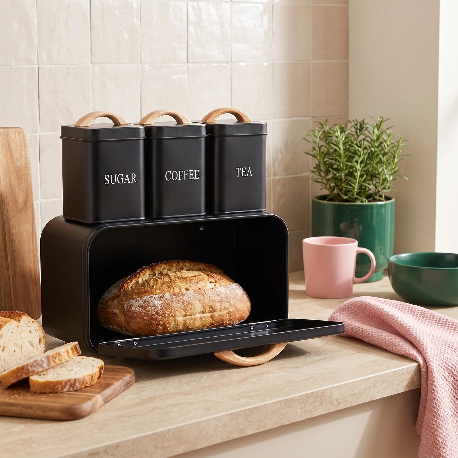 Black Metal Kitchen Storage Set - Sugar, Coffee, Tea & Bread - Cookware