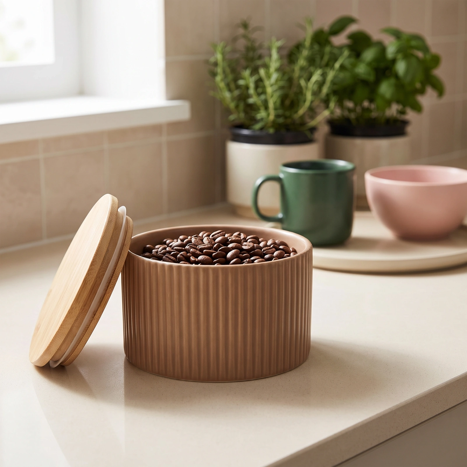 Porcelain Storage Jar with Wood Lid - Beige Ribbed - Kitchen essentials