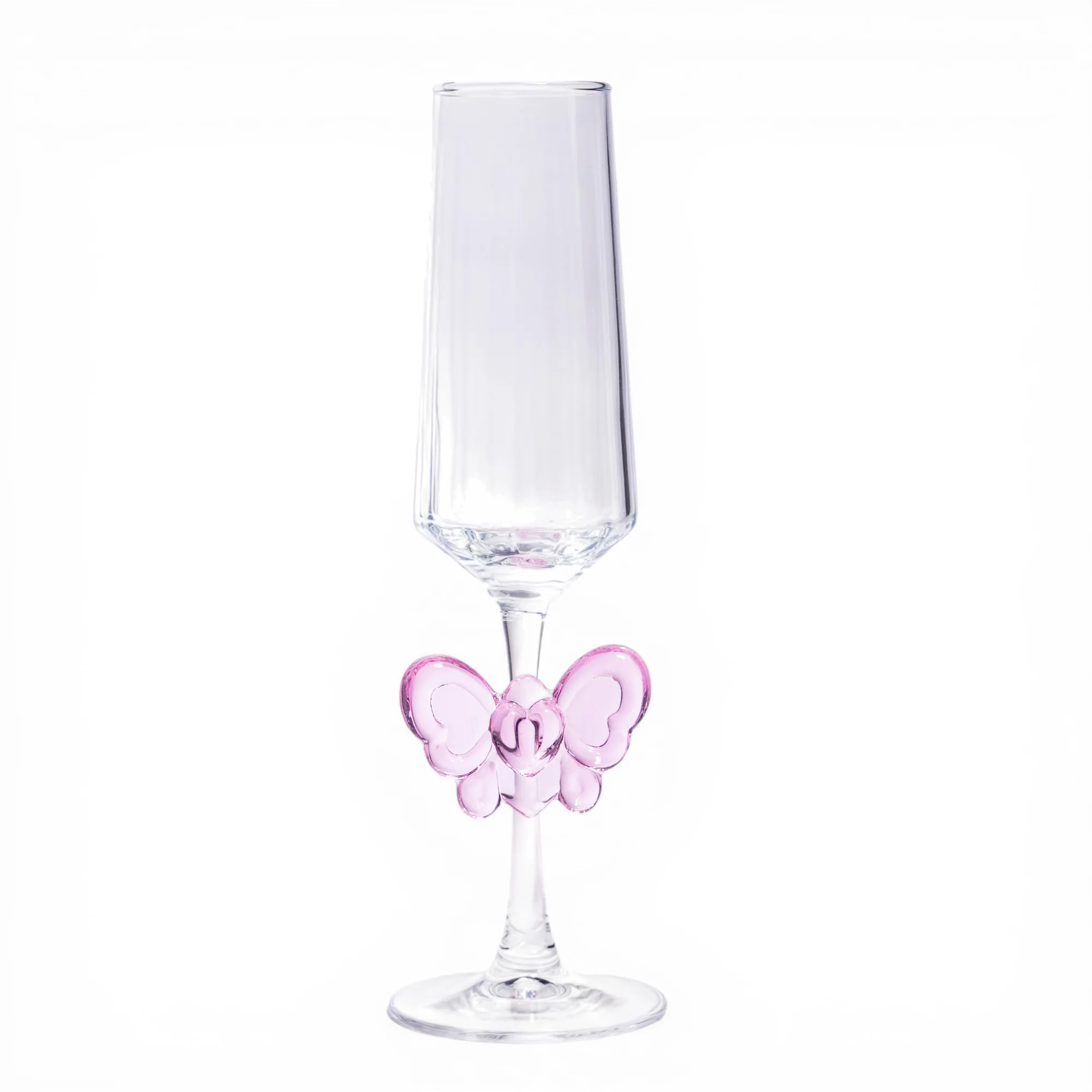 Glass Champagne Flute Pink Butterfly - Home Organizers
