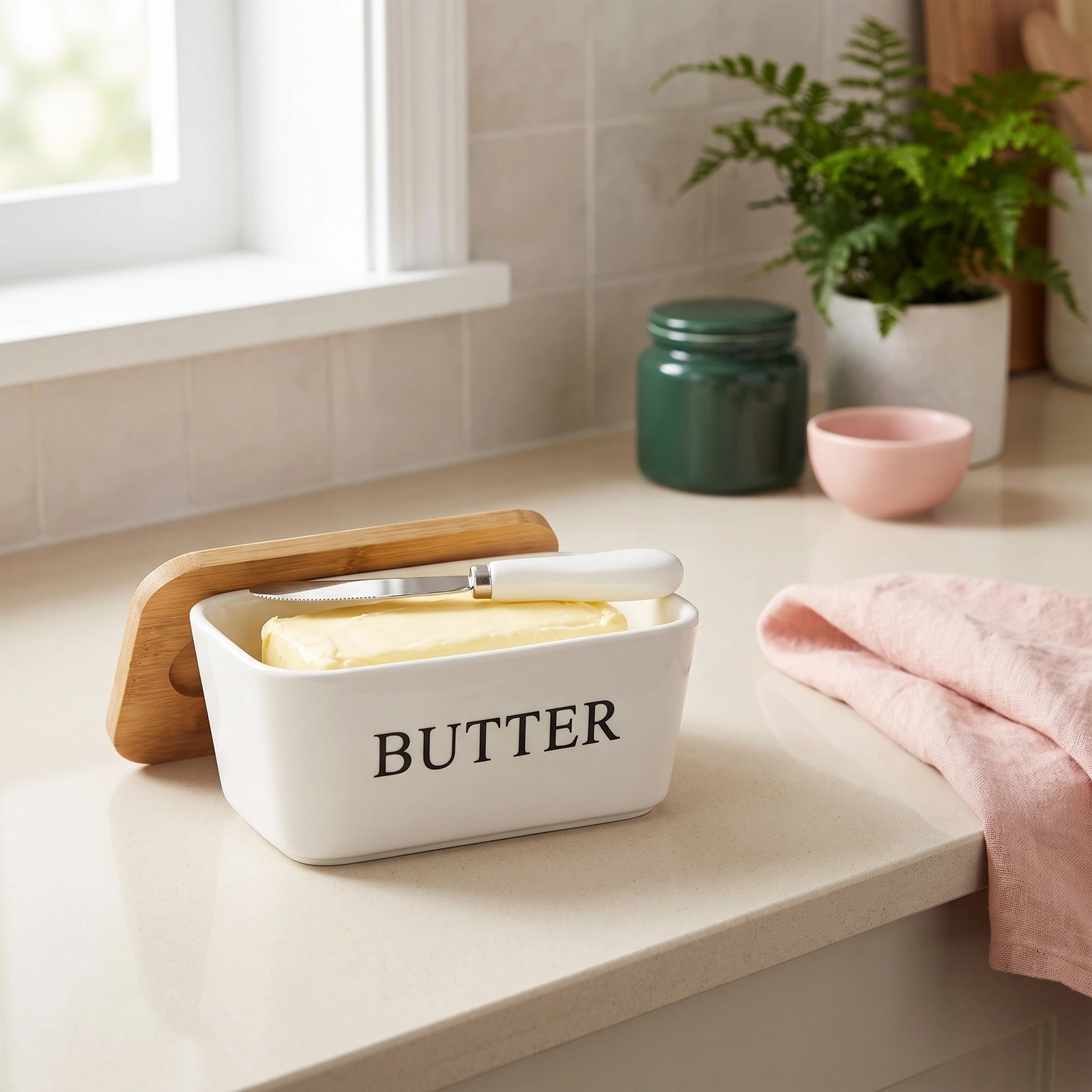 Porcelain Butter Dish with Wood Lid & Knife - White - Offers