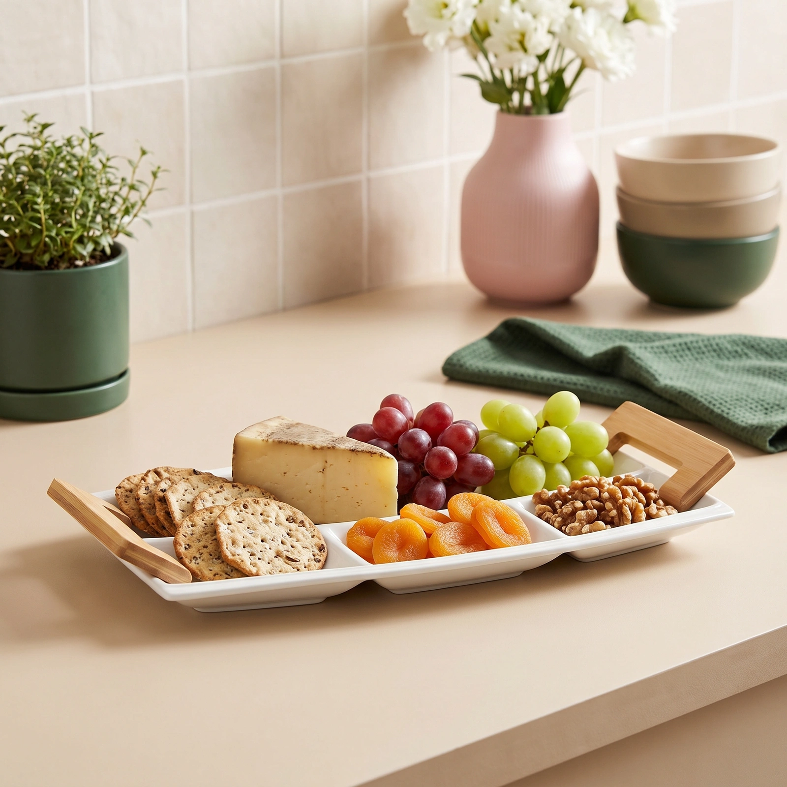 White Rectangular Divided Porcelain Serving Plate with Wood Handles - Kitchen essentials
