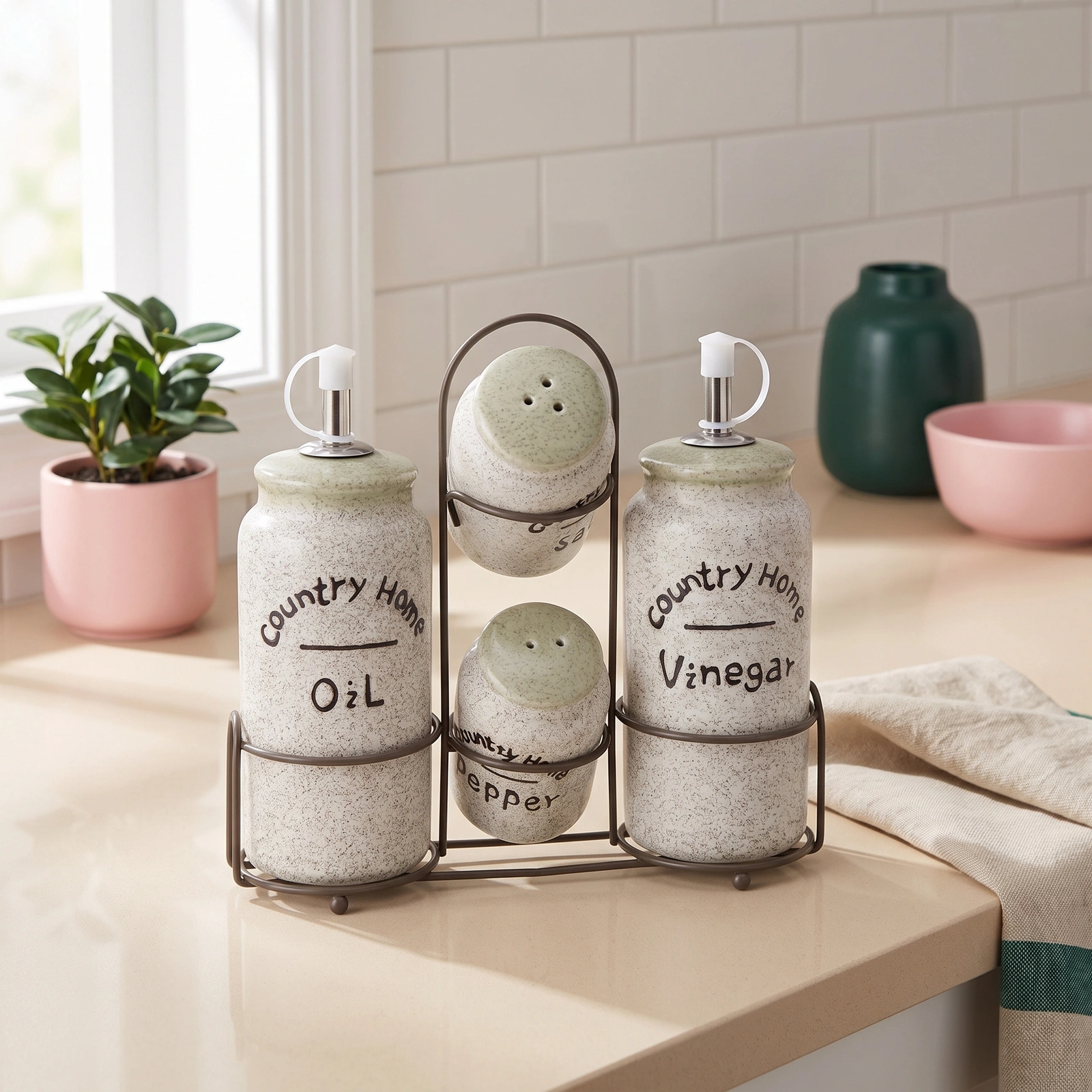 Porcelain Oil Vinegar Salt Pepper Shaker Set with Stand 5 Pcs - Offers
